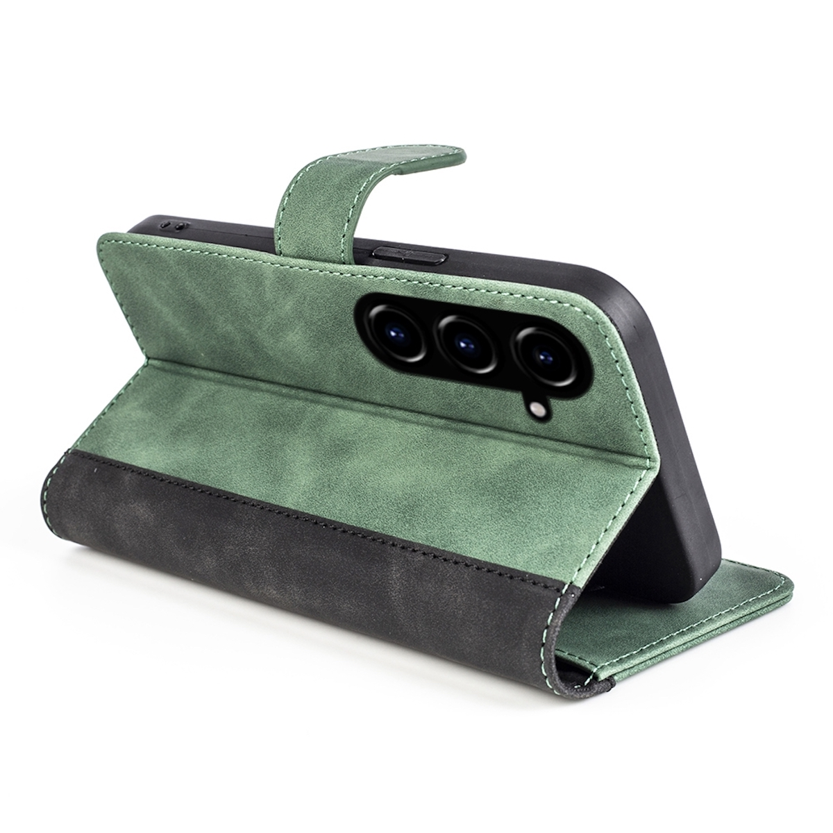 Grüne und schwarze Handyhülle ist offen. Zeigt das Telefon und die Kamera.