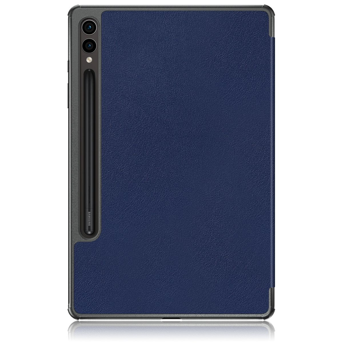 Blaue Tablet-Hülle mit Stifthalter. Das Tablet hat einen schwarzen Rahmen und liegt auf einer Oberfläche.