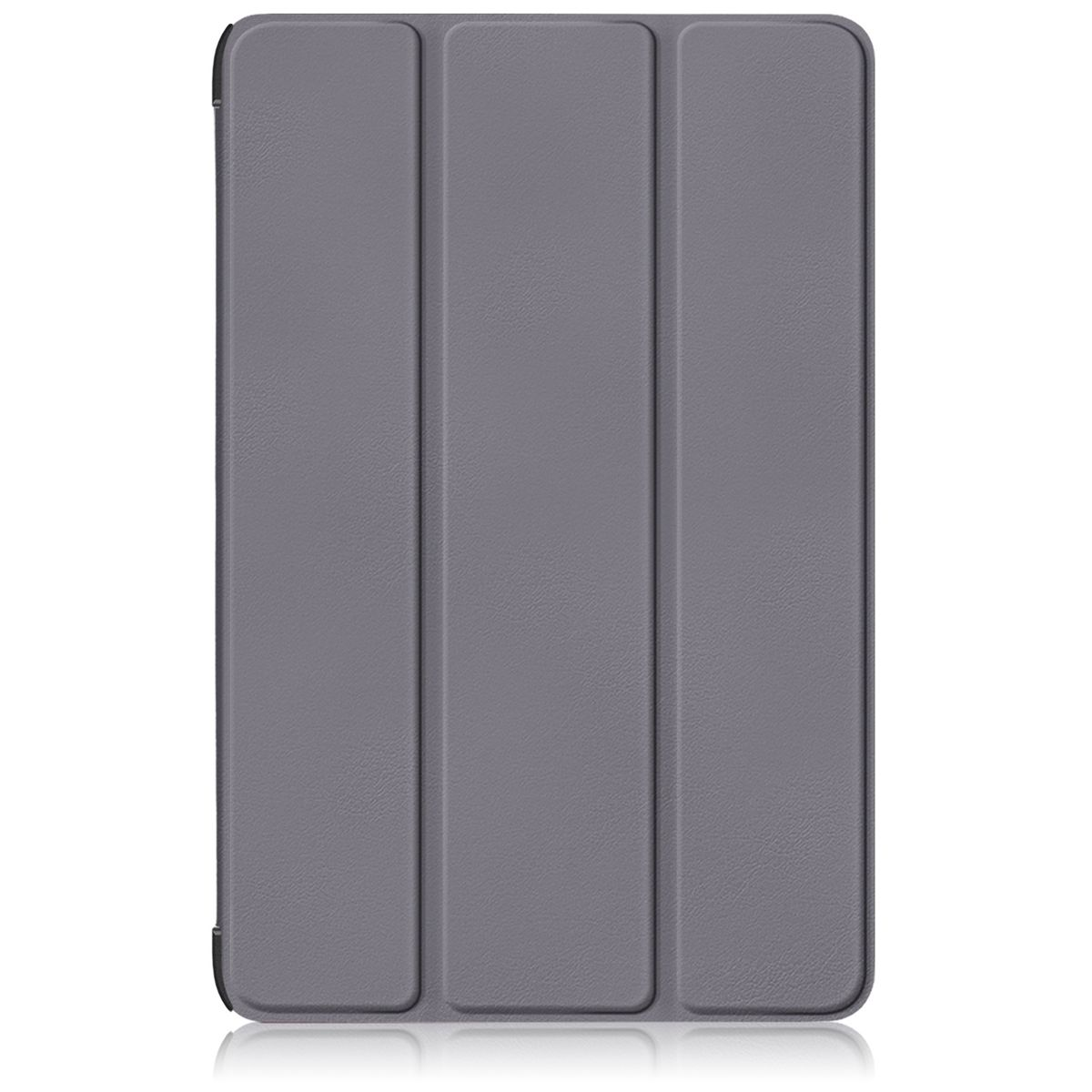 Eine graue Tablet-Hülle, geschlossen und strukturiert, mit einem dreiteiligen Design.
