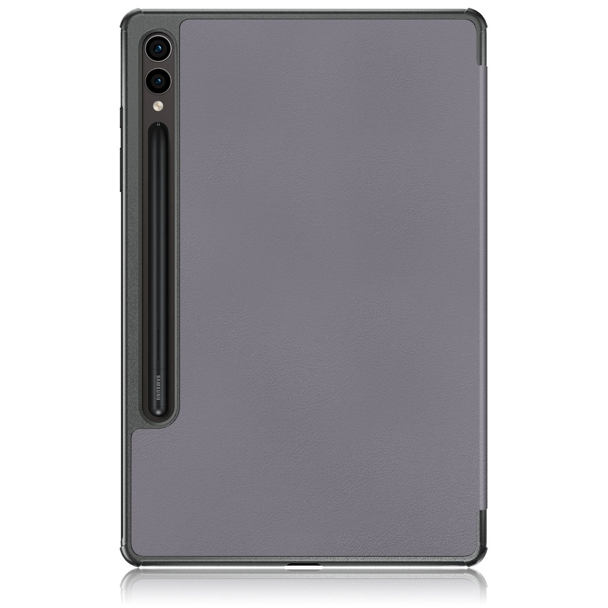 Ein graues Tablet mit Stift und grauer Hülle.