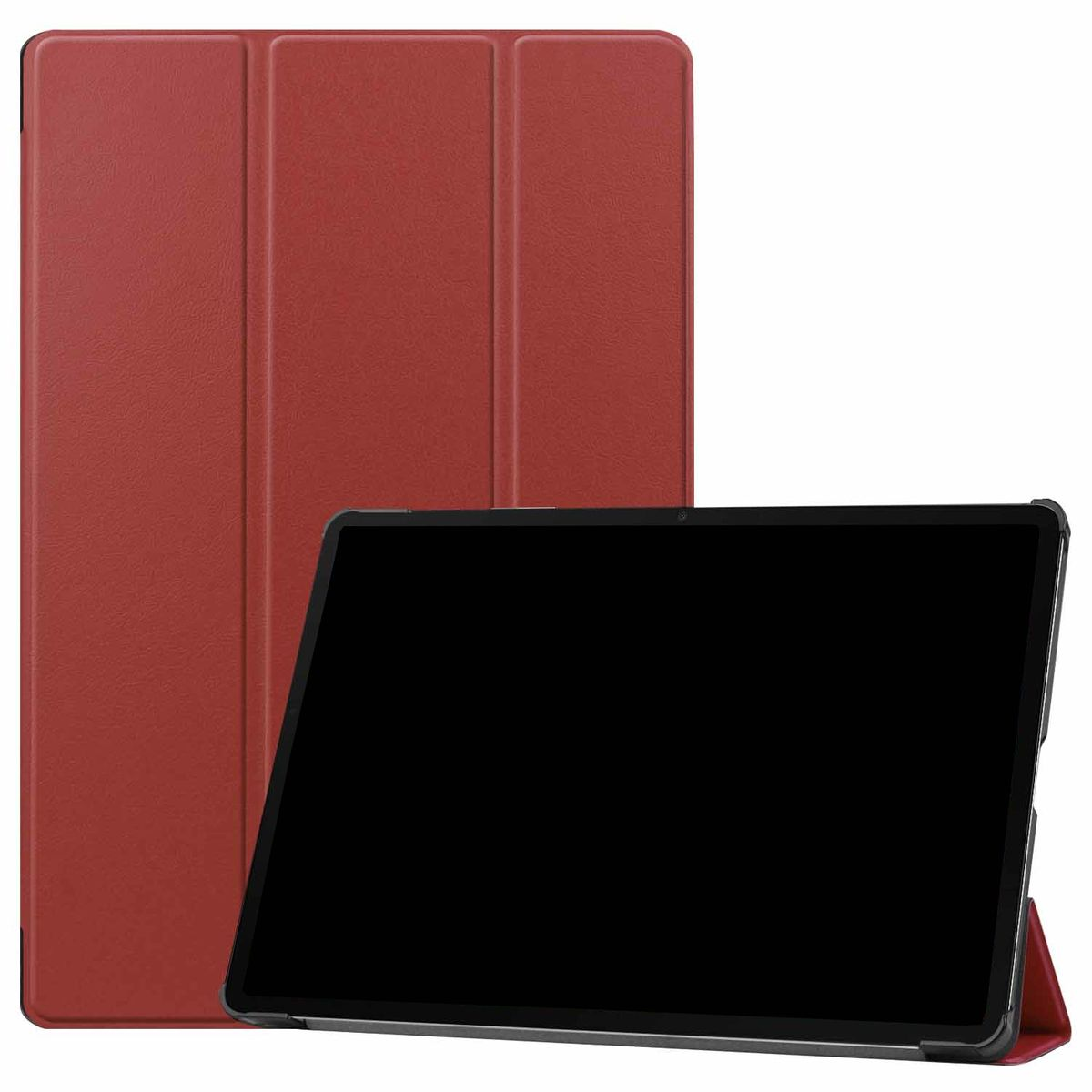Eine rote Tablethülle, offen, und ein Tablet mit leerem schwarzem Bildschirm.