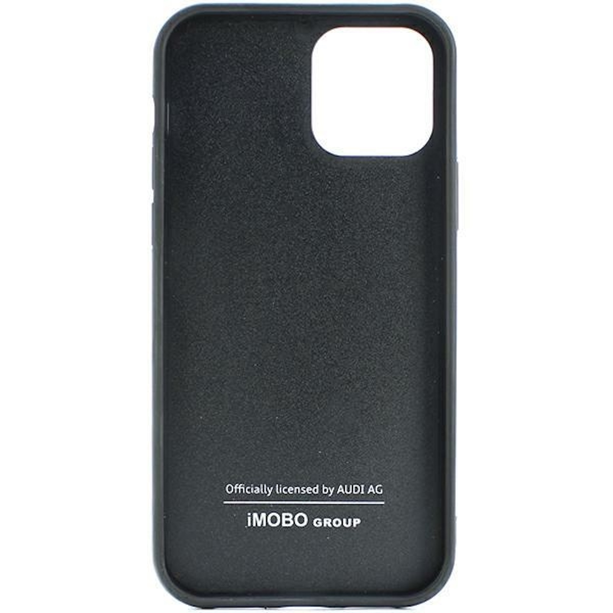 Custodia nera per iPhone. Ha un ritaglio per la fotocamera e il testo: Officially licensed by AUDI AG.