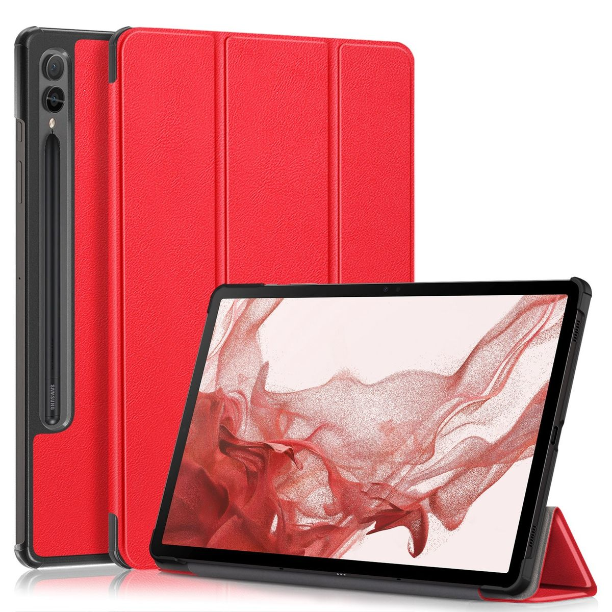 WIGENTO 3folt Wake Silikon Smart für / Kunstleder, Cover Samsung aufstellbar Rot Full UP Cover & / Kunststoff Sleep Tablethülle