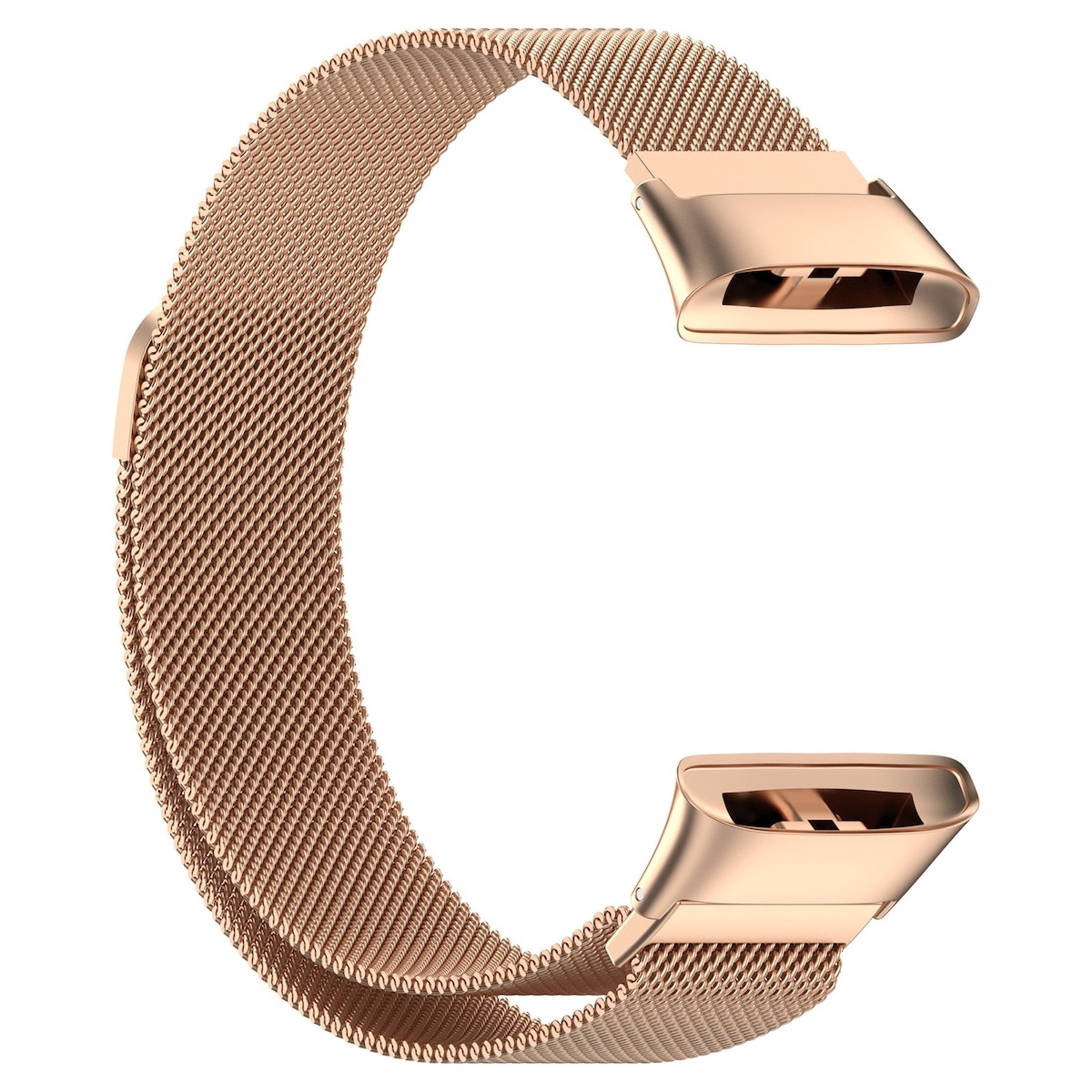 Roségoldenes Uhrenarmband mit Mesh-Design. Zwei Enden mit Verschlüssen sind sichtbar.
