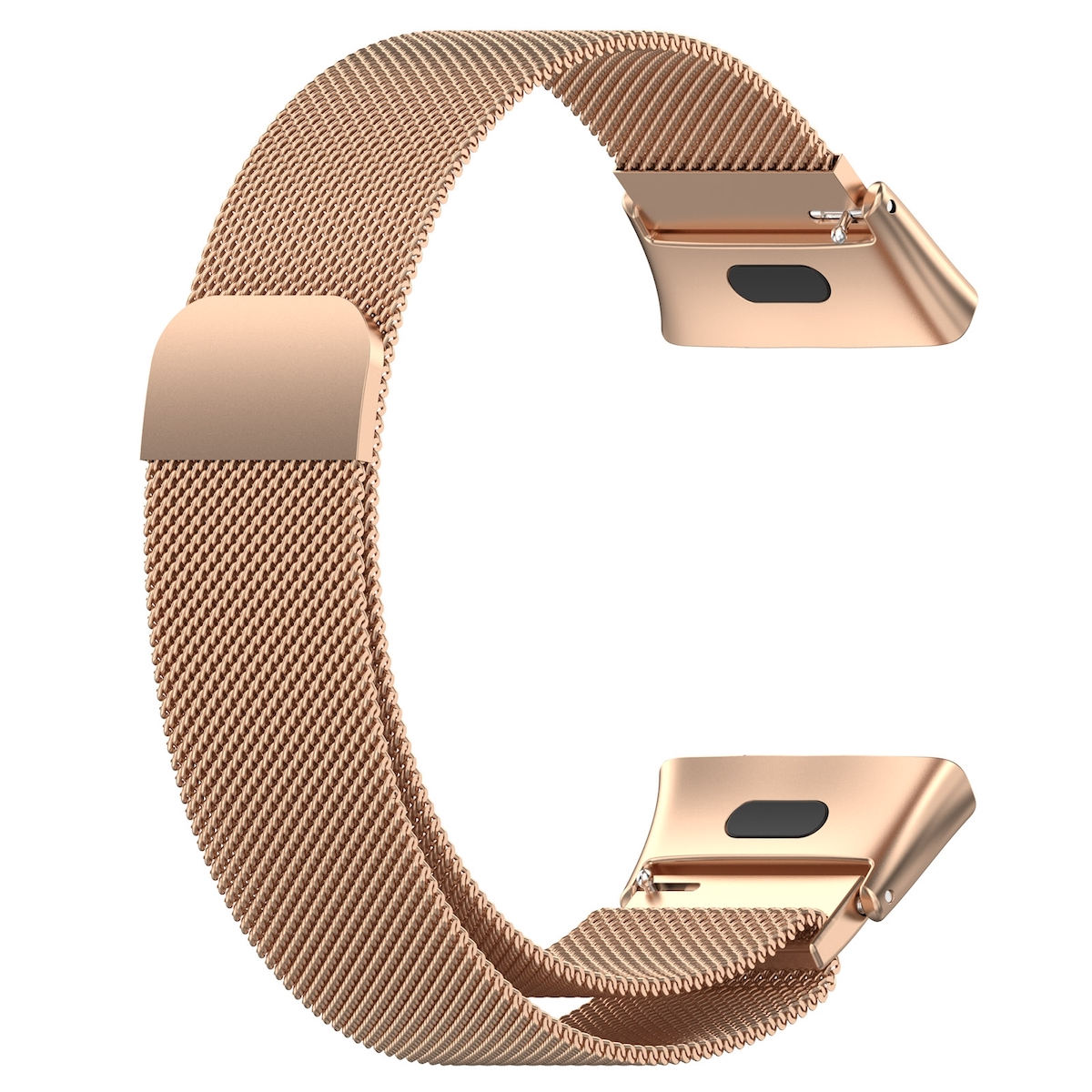 Ein roségoldenes Metall-Uhrenarmband, das die Details des Armbands und die Befestigungspunkte zeigt.
