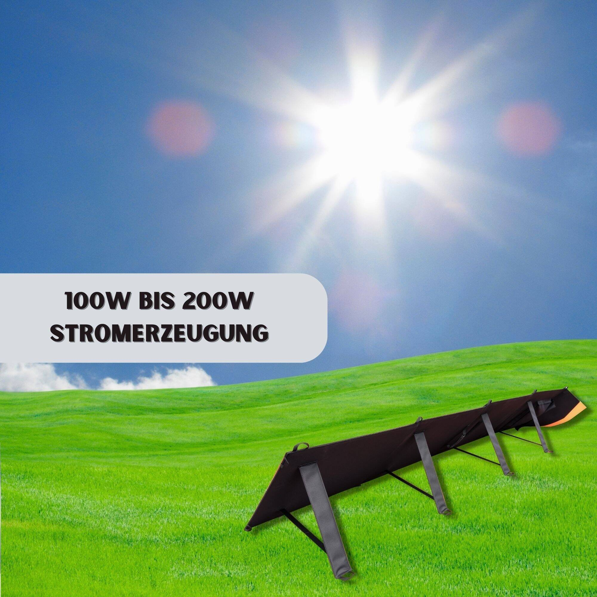 Solarpanel auf grünem Gras unter strahlender Sonne. Text: 100W bis 200W Leistung.