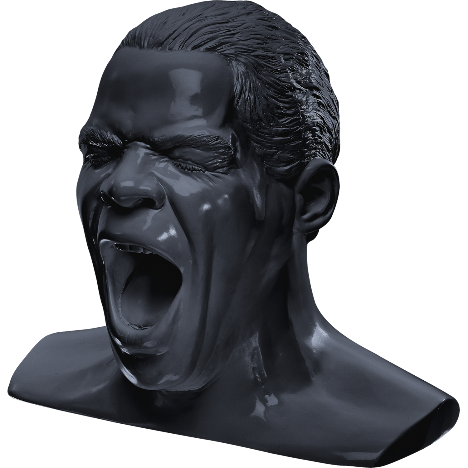 Eine schwarze, glänzende Büste eines Mannes, der mit weit geöffnetem Mund schreit. Die Skulptur ist glatt und hat einen düsteren Blick.