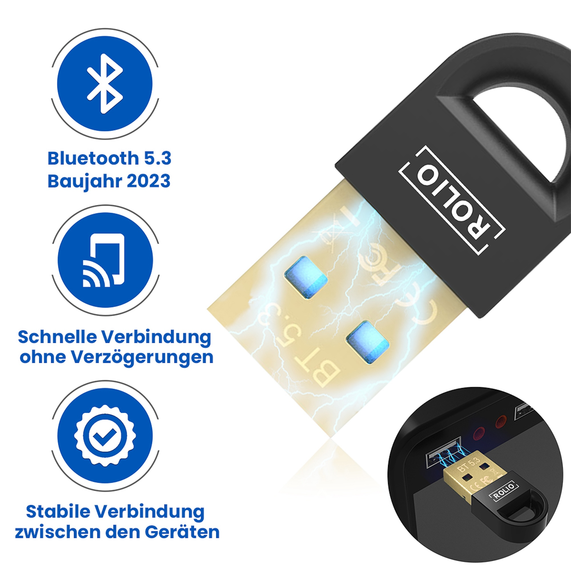 Schwarzer USB-Bluetooth-Adapter mit Symbolen und Text.