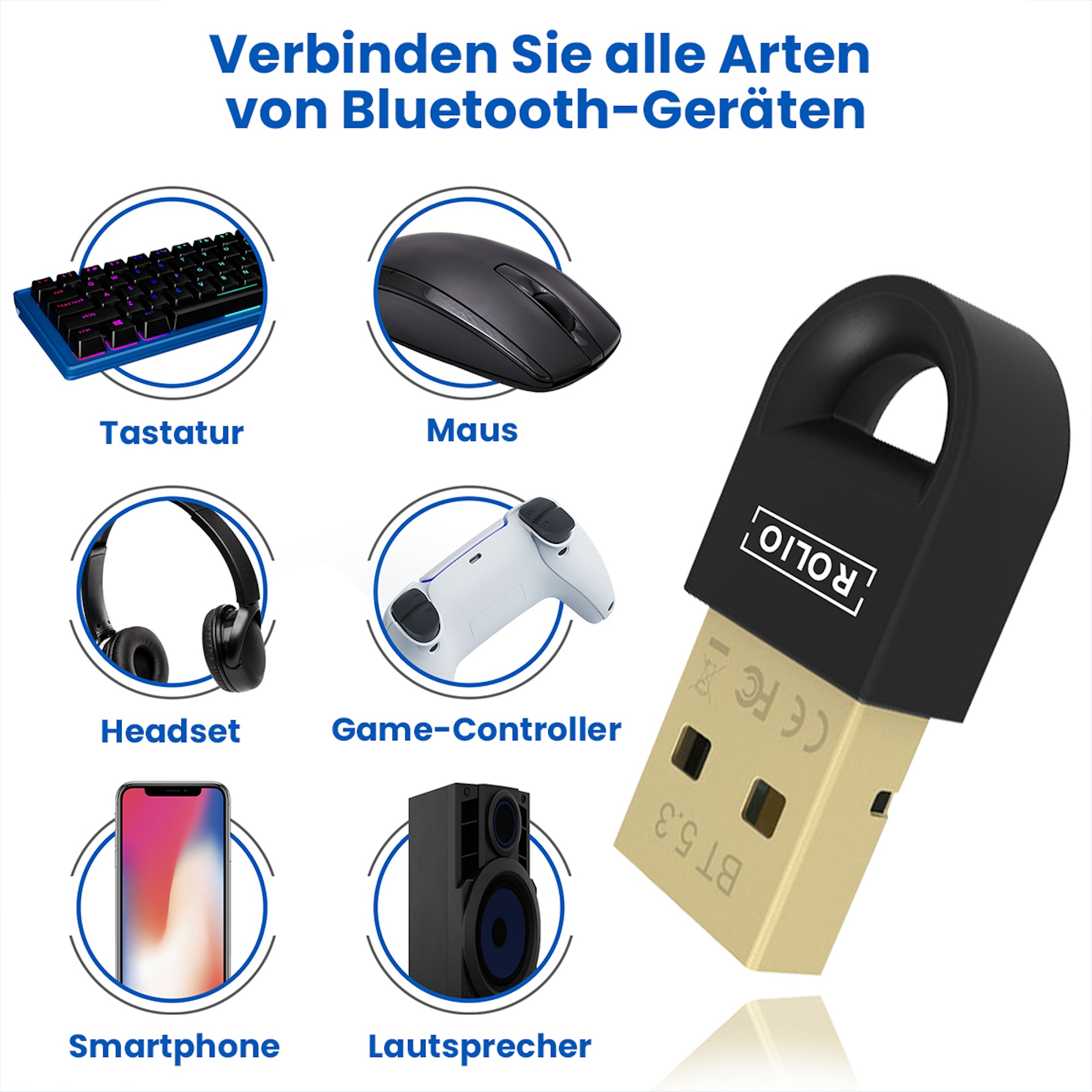 Auswahl an Bluetooth-Geräten, darunter Tastatur, Maus, Headset und Lautsprecher.