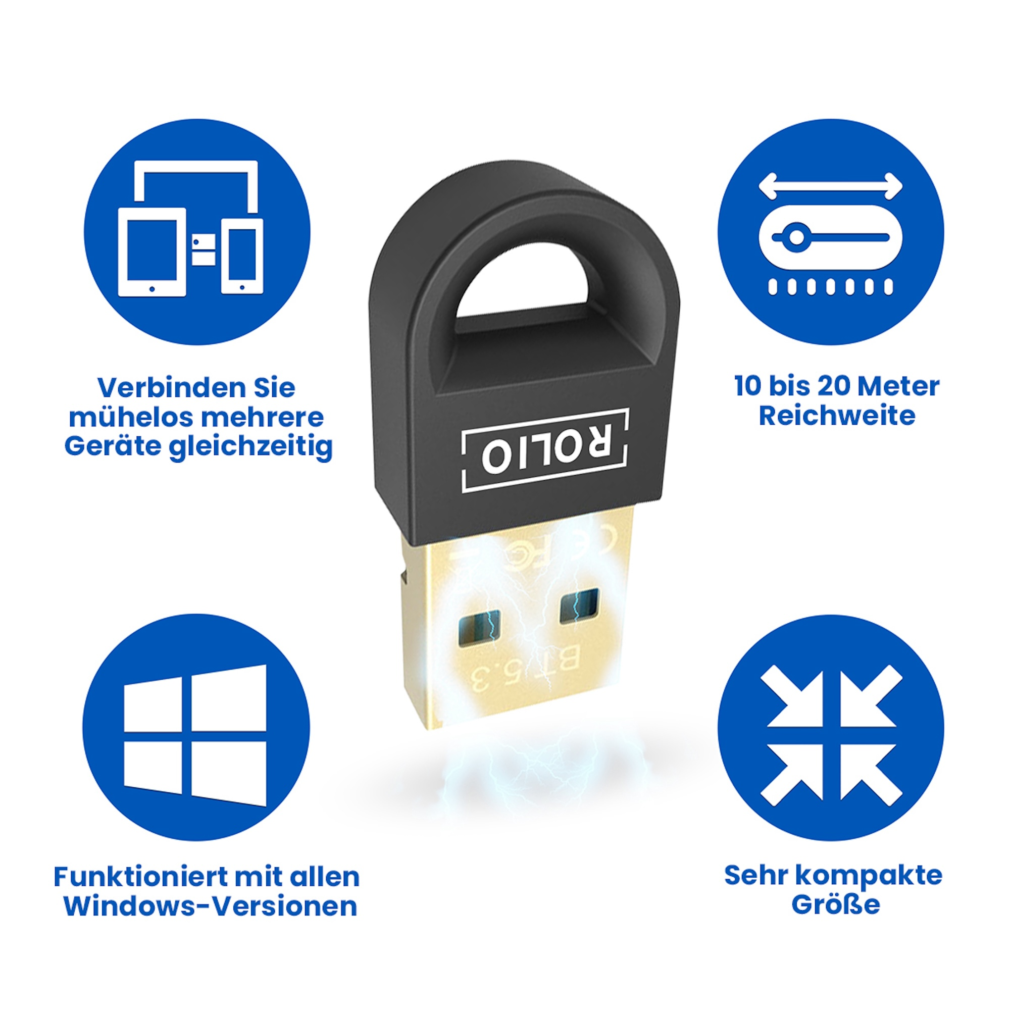 Schwarzer USB-Adapter mit schwarzer Kappe. Der Adapter ist von Symbolen und Text umgeben, die seine Funktionen bewerben.