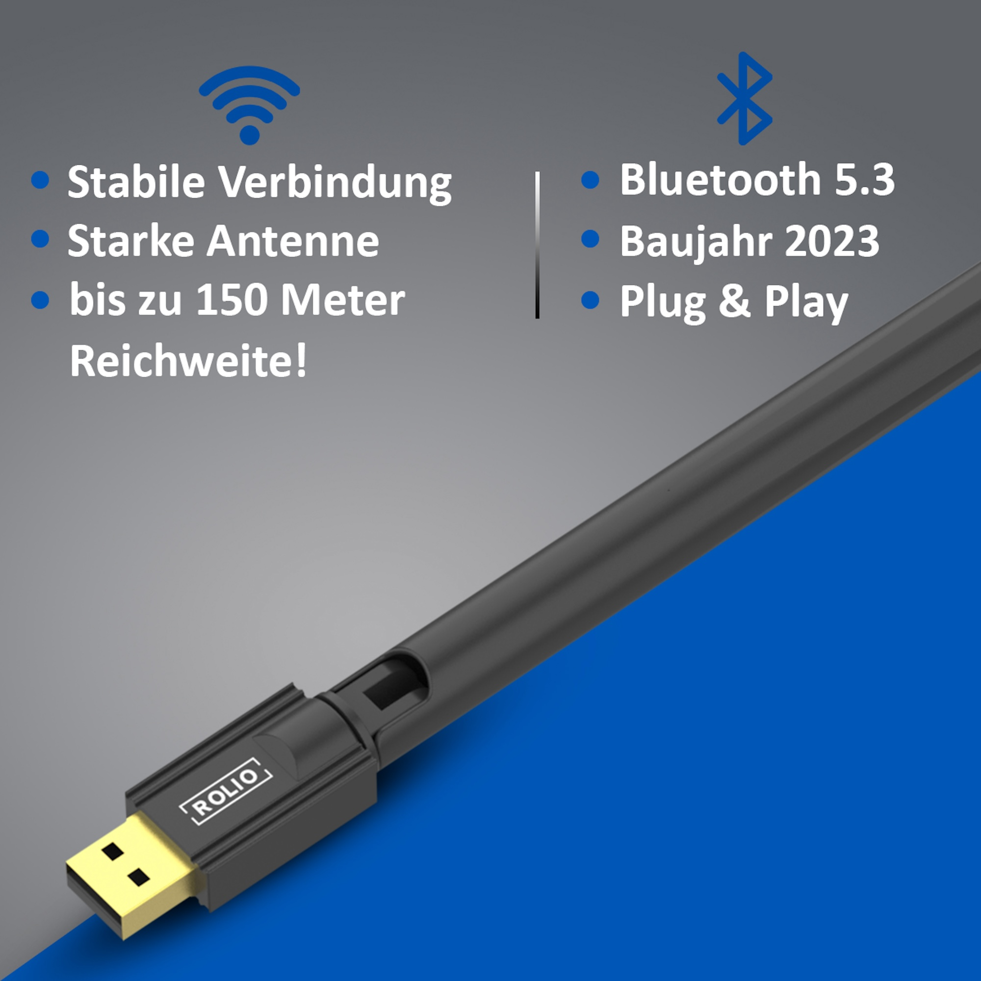 Schwarzer USB-WLAN-Adapter mit blauem und weißem Text auf blauem Hintergrund.