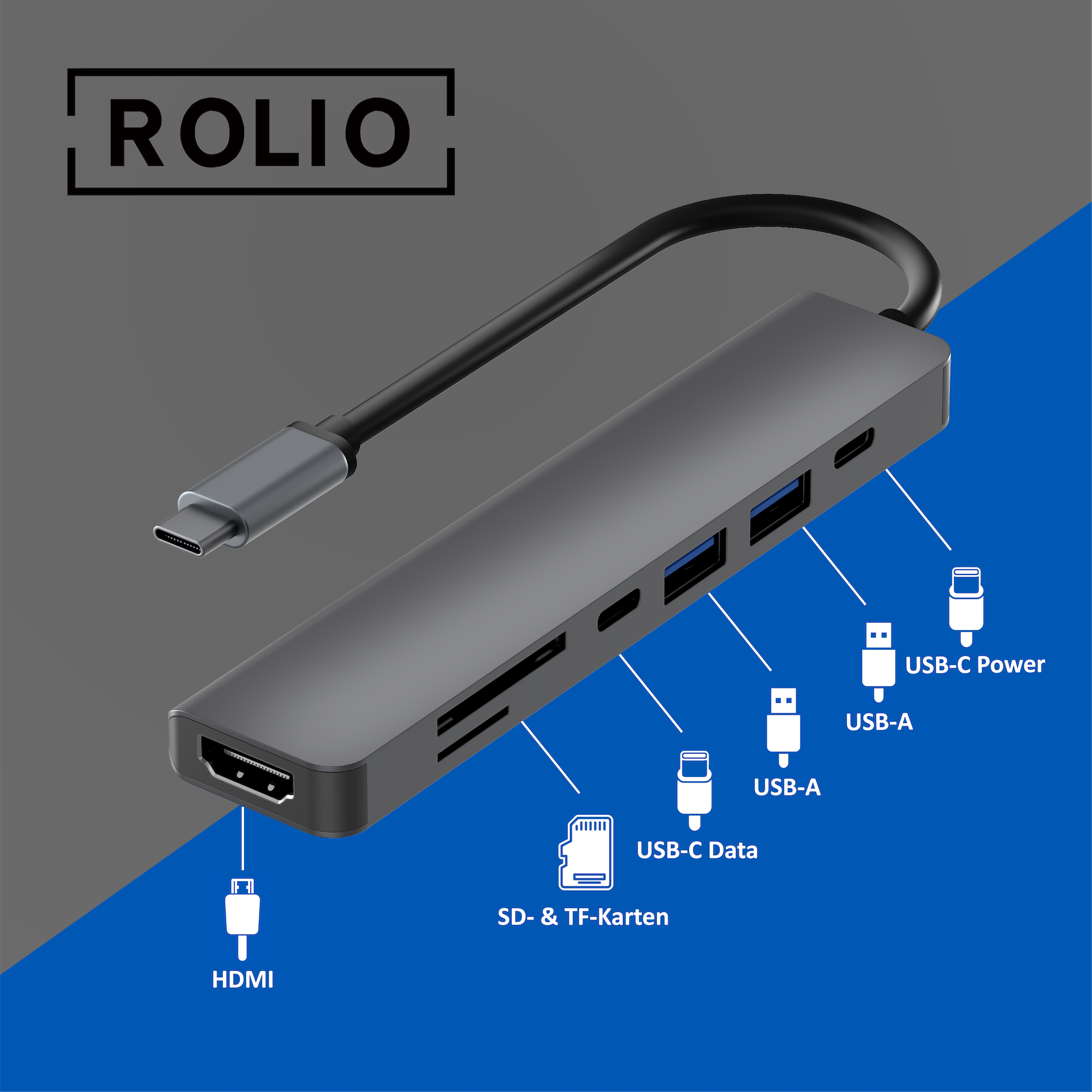 ROLIO 4K HDMI USB-C USB-A, Hub, Space 2x USB-C Grau 2x