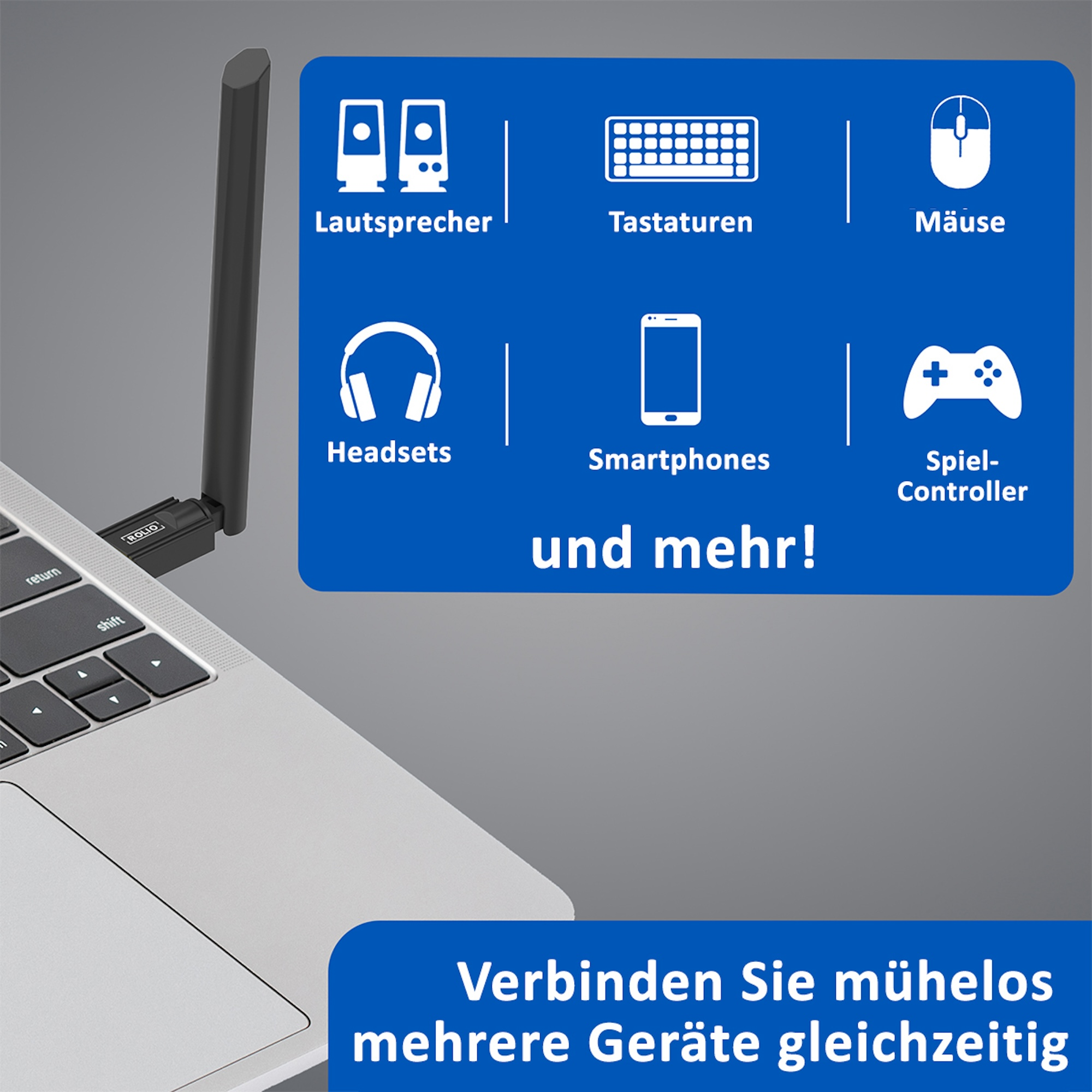 Laptop, verbunden mit Antenne und blauem Abschnitt mit Technologie-Icons und Text.