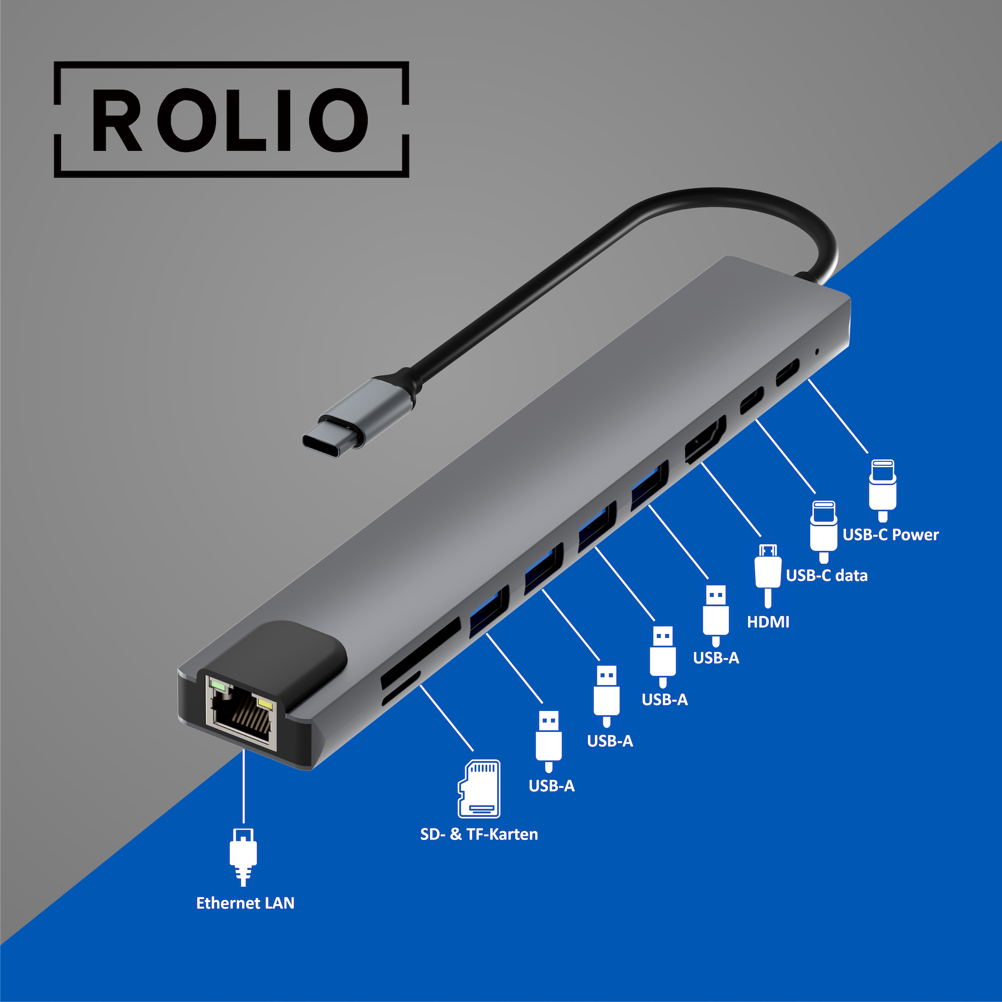 ROLIO 10 in 1 Hub, USB-C Hub, Grau Space