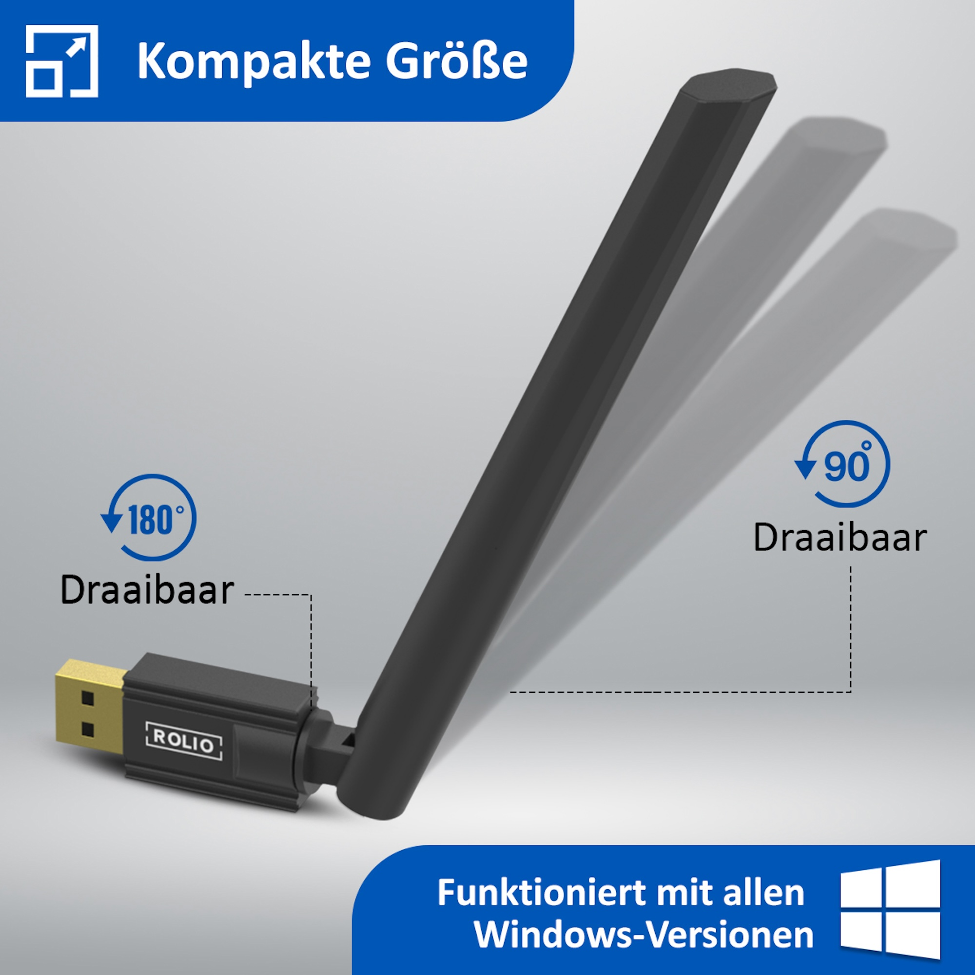 Schwarzer USB-WLAN-Adapter mit verstellbarer Antenne, Drehwinkel.
