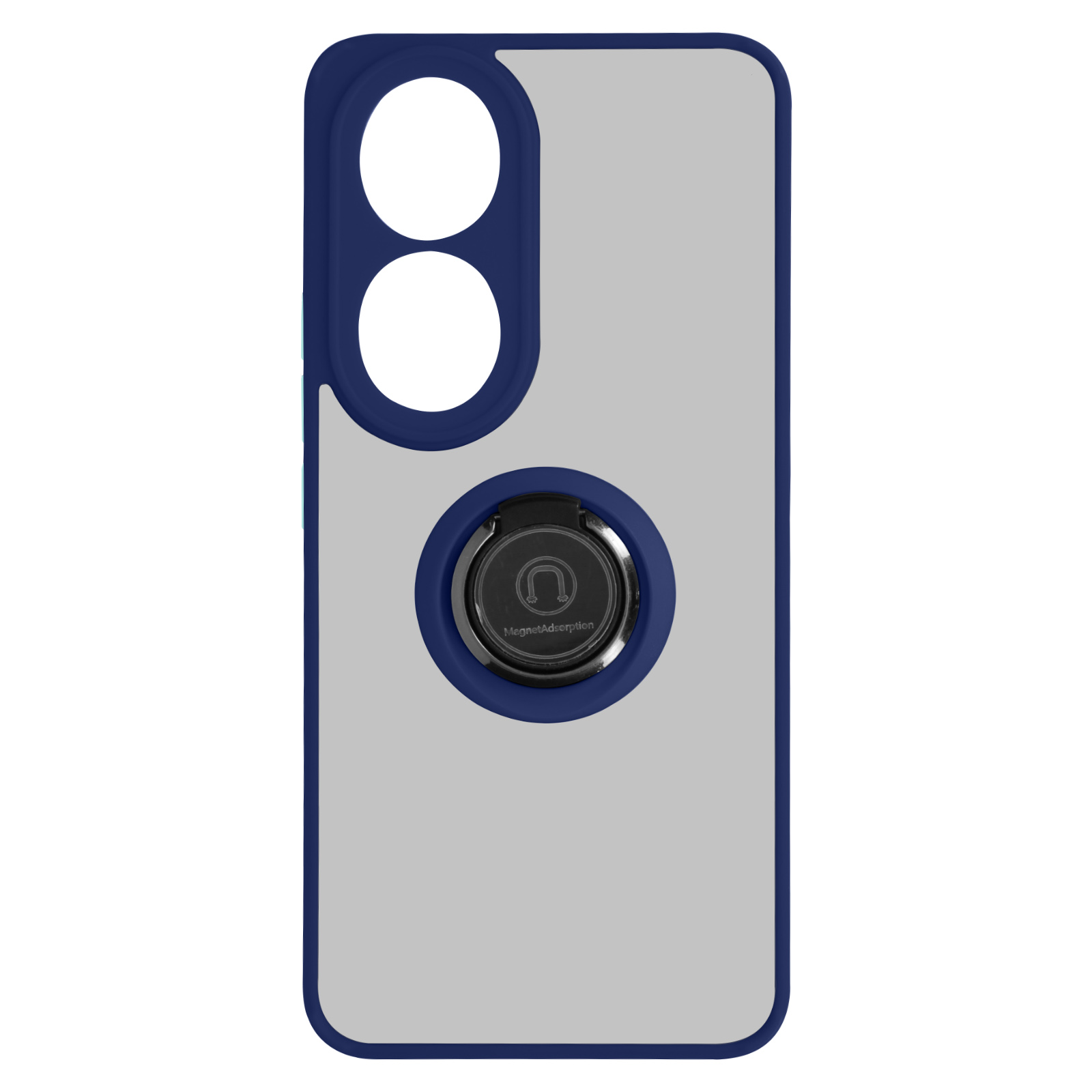 Custodia per telefono con cornice blu, centro grigio e anello nero.