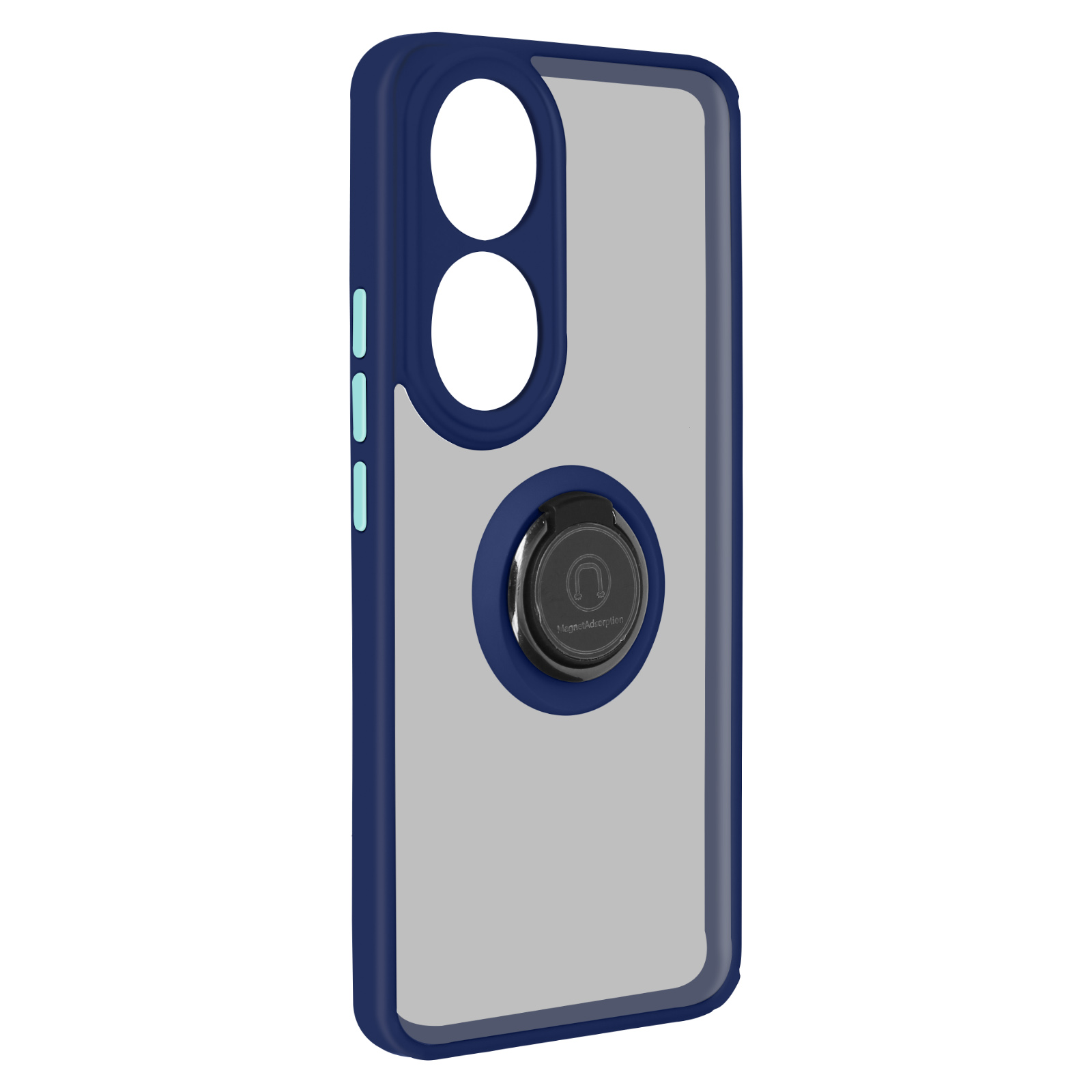 Custodia per telefono, cornice blu, con supporto ad anello e sfondo chiaro.