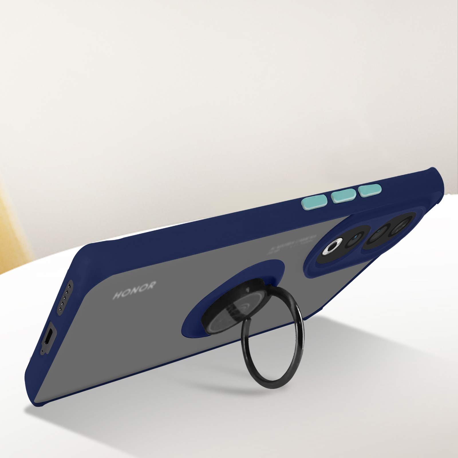 Custodia blu per telefono con anello nero. Il telefono è angolato. Marchio Honor visibile.