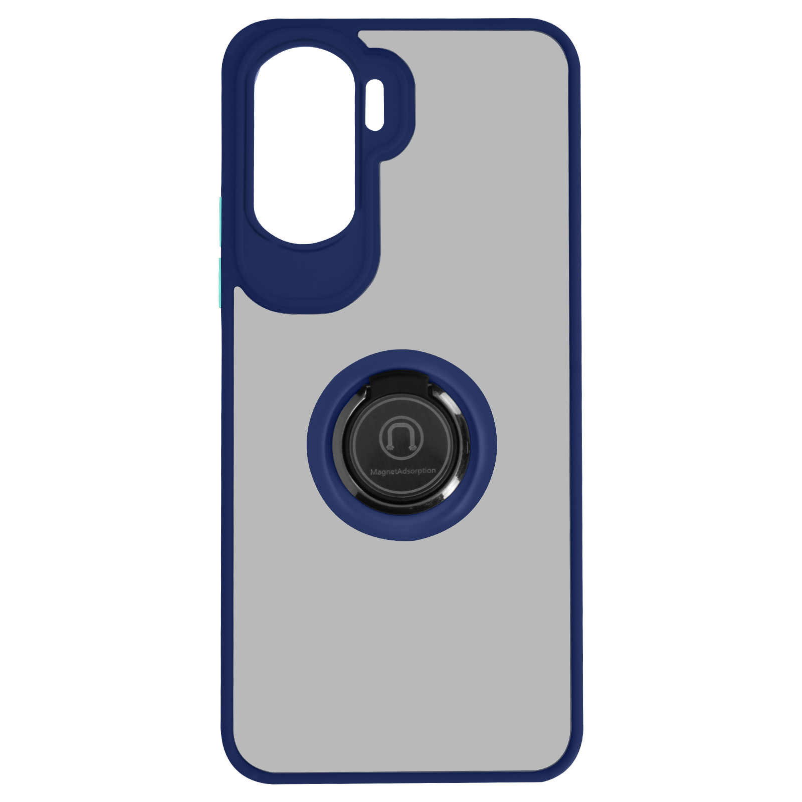 Custodia per telefono con anello, blu e grigio, su sfondo bianco. Custodia vuota.