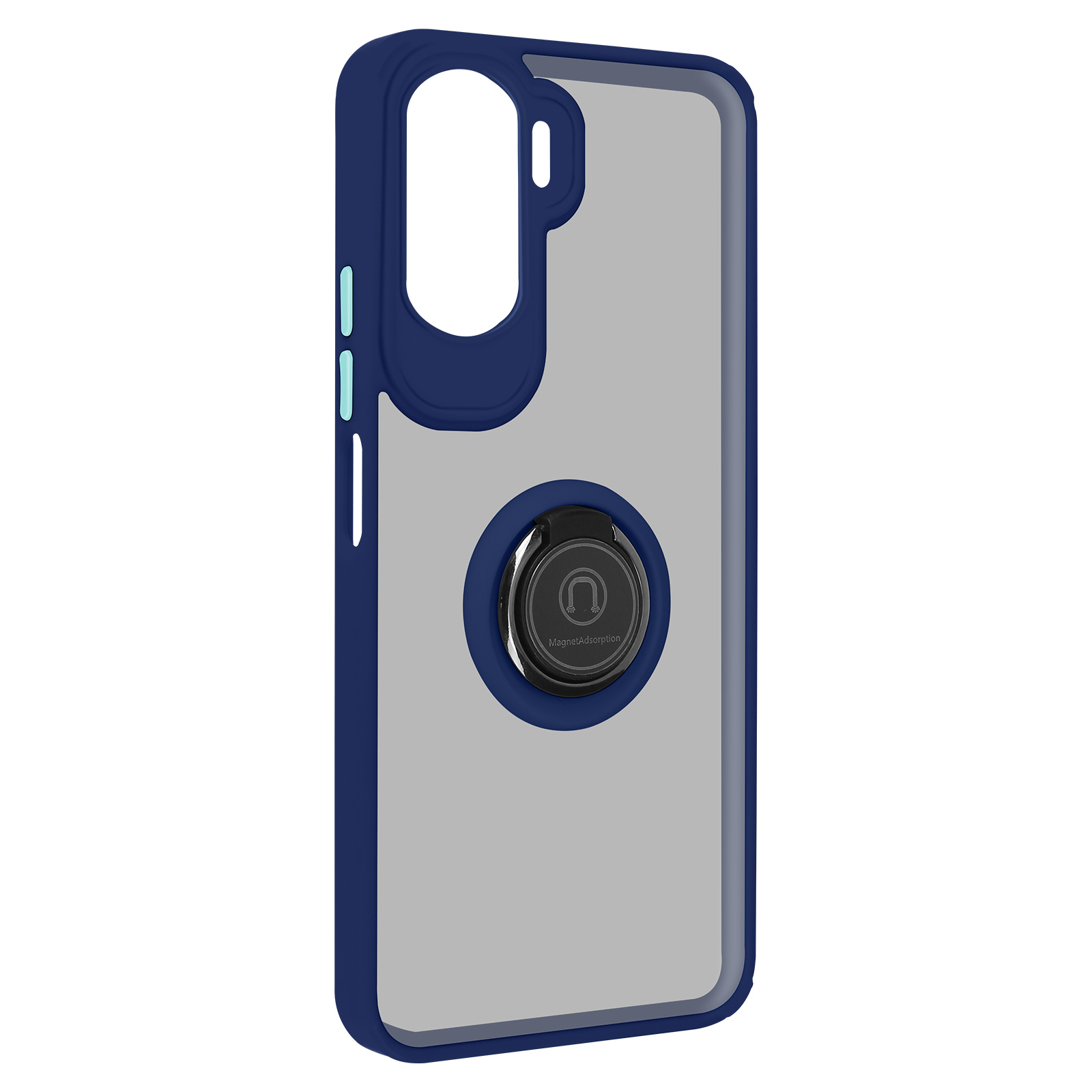 Una custodia per telefono blu con retro trasparente, un anello nero e uno sfondo grigio.