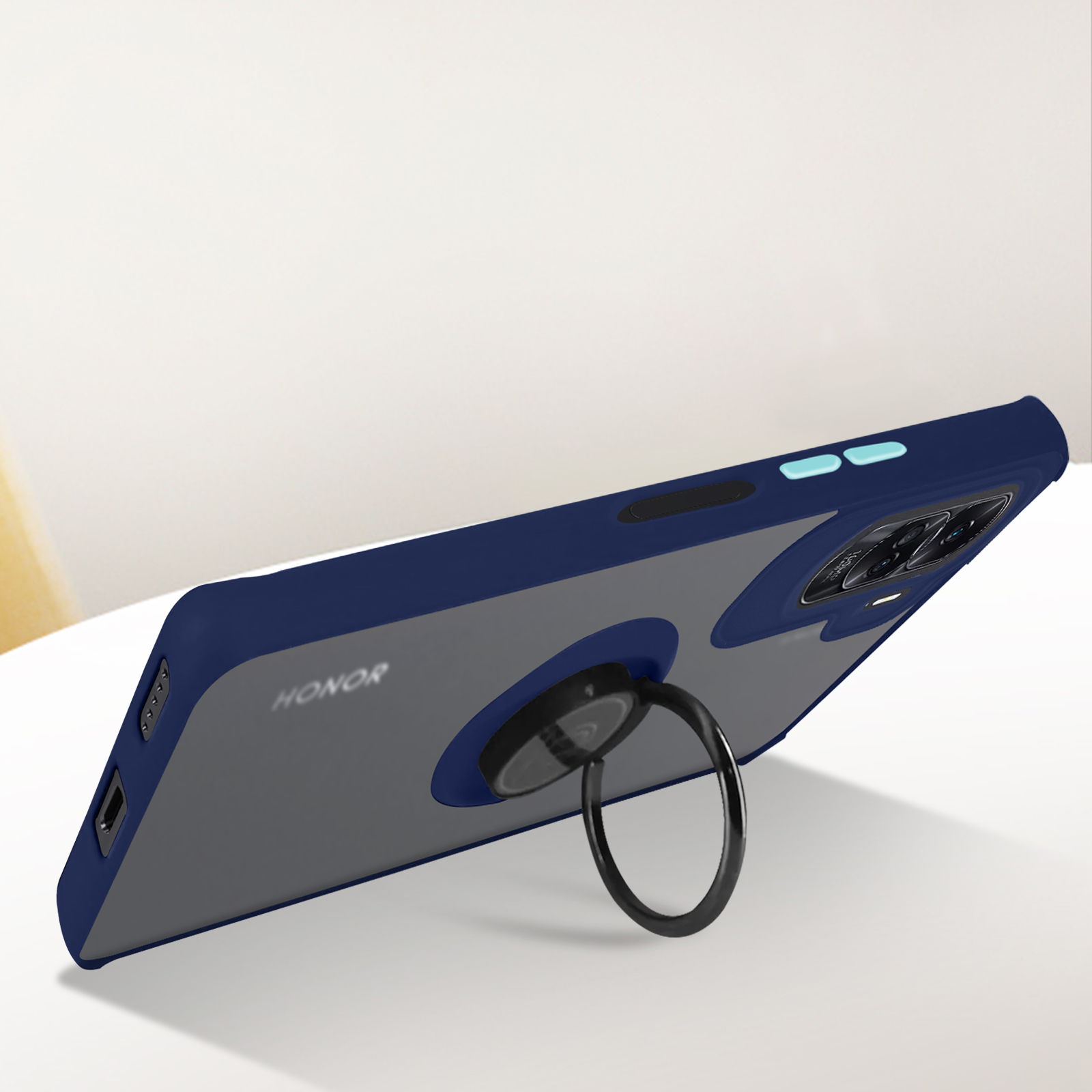 Custodia per telefono con cornice blu e anello di supporto. Parola HONOR visibile.