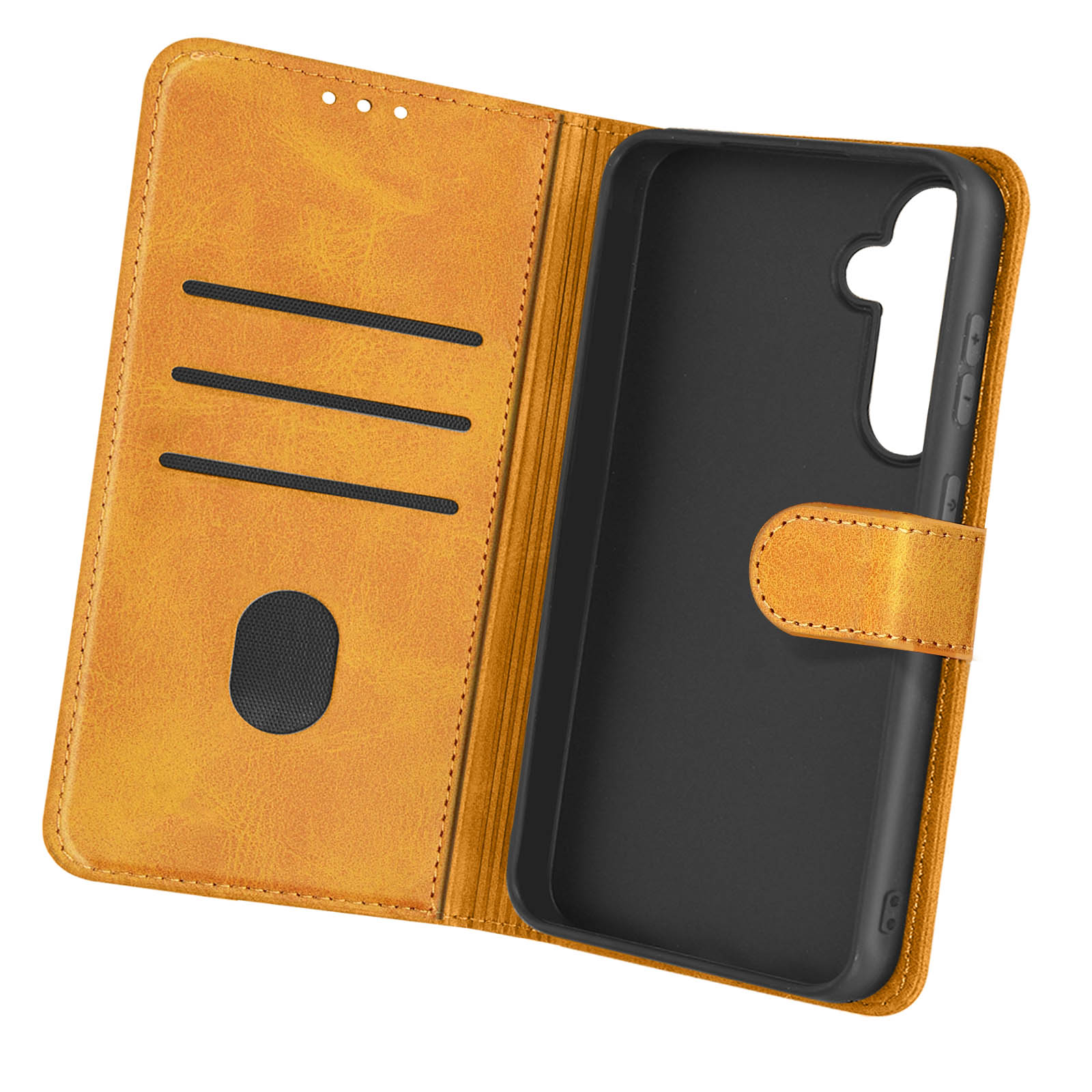 Custodia per telefono color senape aperta. Interno nero, con fessure per carte. La custodia è in pelle.