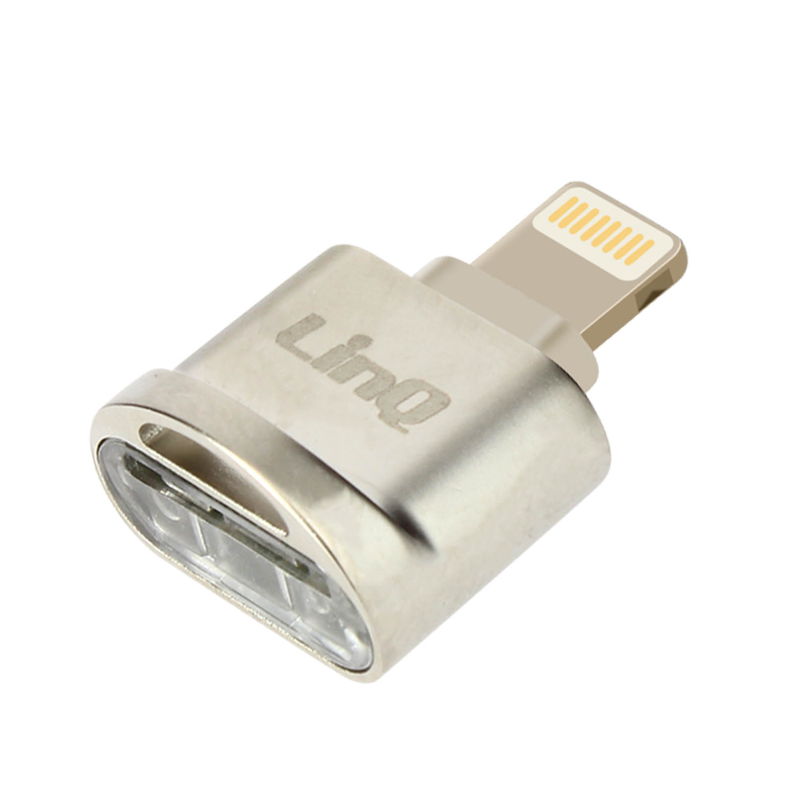 Un adattatore argentato da Lightning a USB-C con logo 'LinQ'.