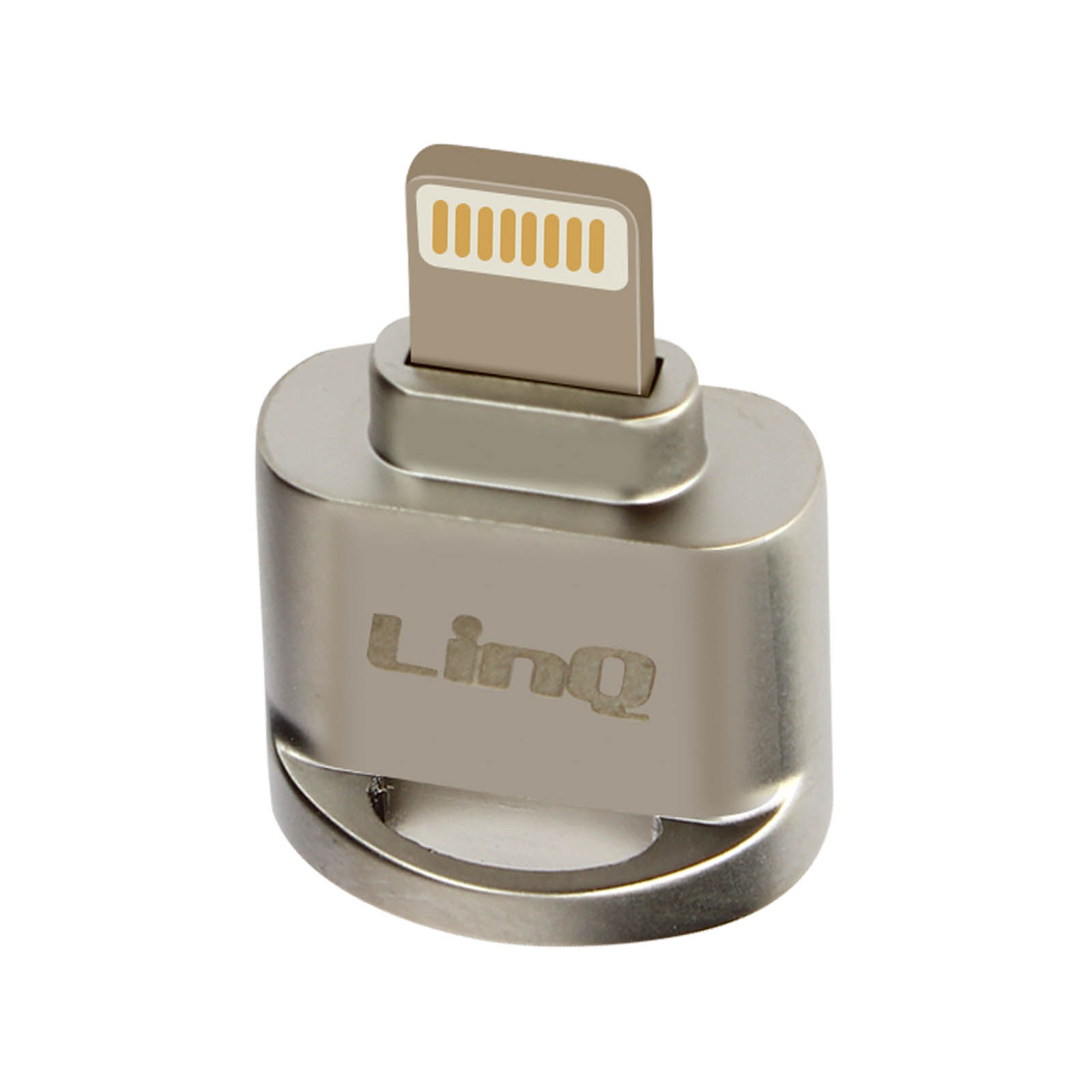 Un adattatore Lightning argentato con logo \"LinQ\", su sfondo bianco.