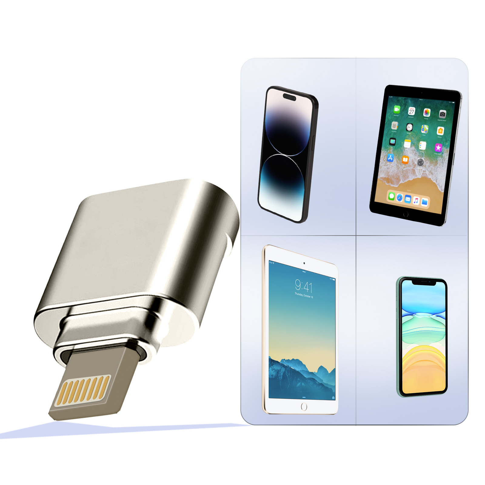 Un adattatore Lightning argentato e quattro dispositivi Apple: iPhone, iPad Pro, iPad Mini, iPhone 11.