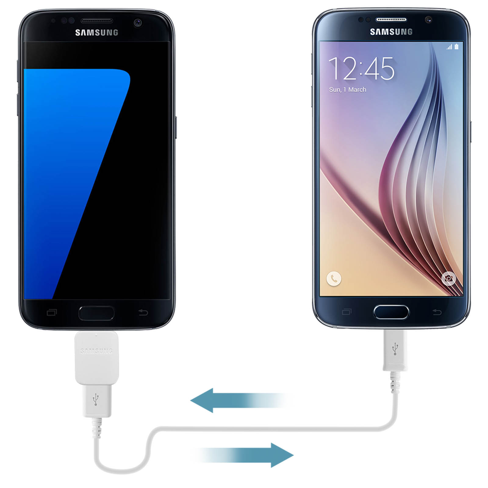 Due smartphone, uno che carica l'altro tramite USB.