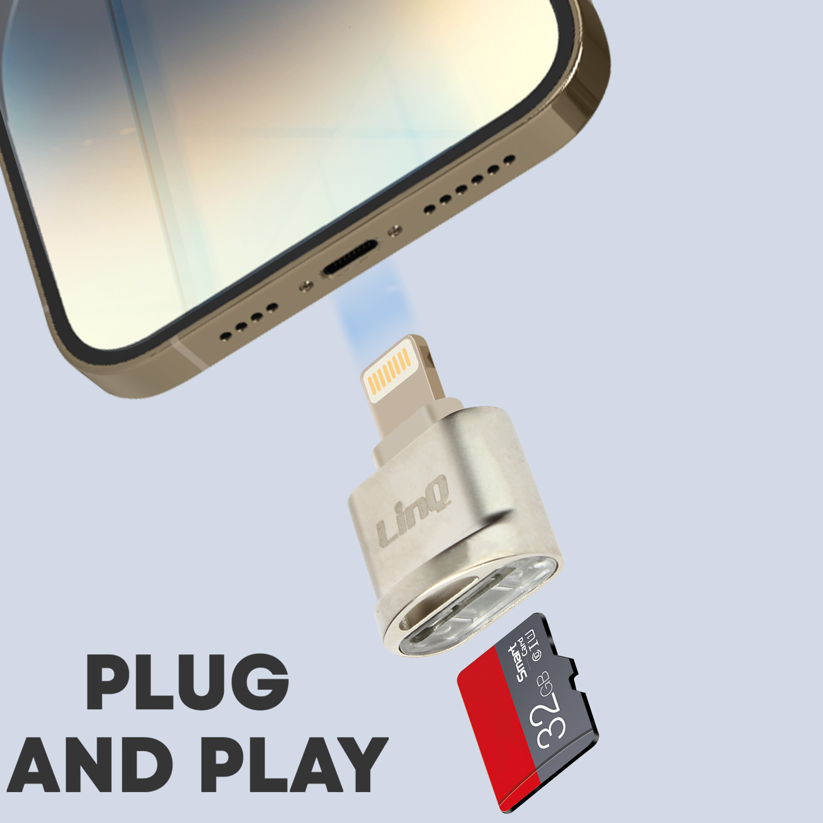 Adattatore iPhone con scheda SD e testo "Plug and Play".