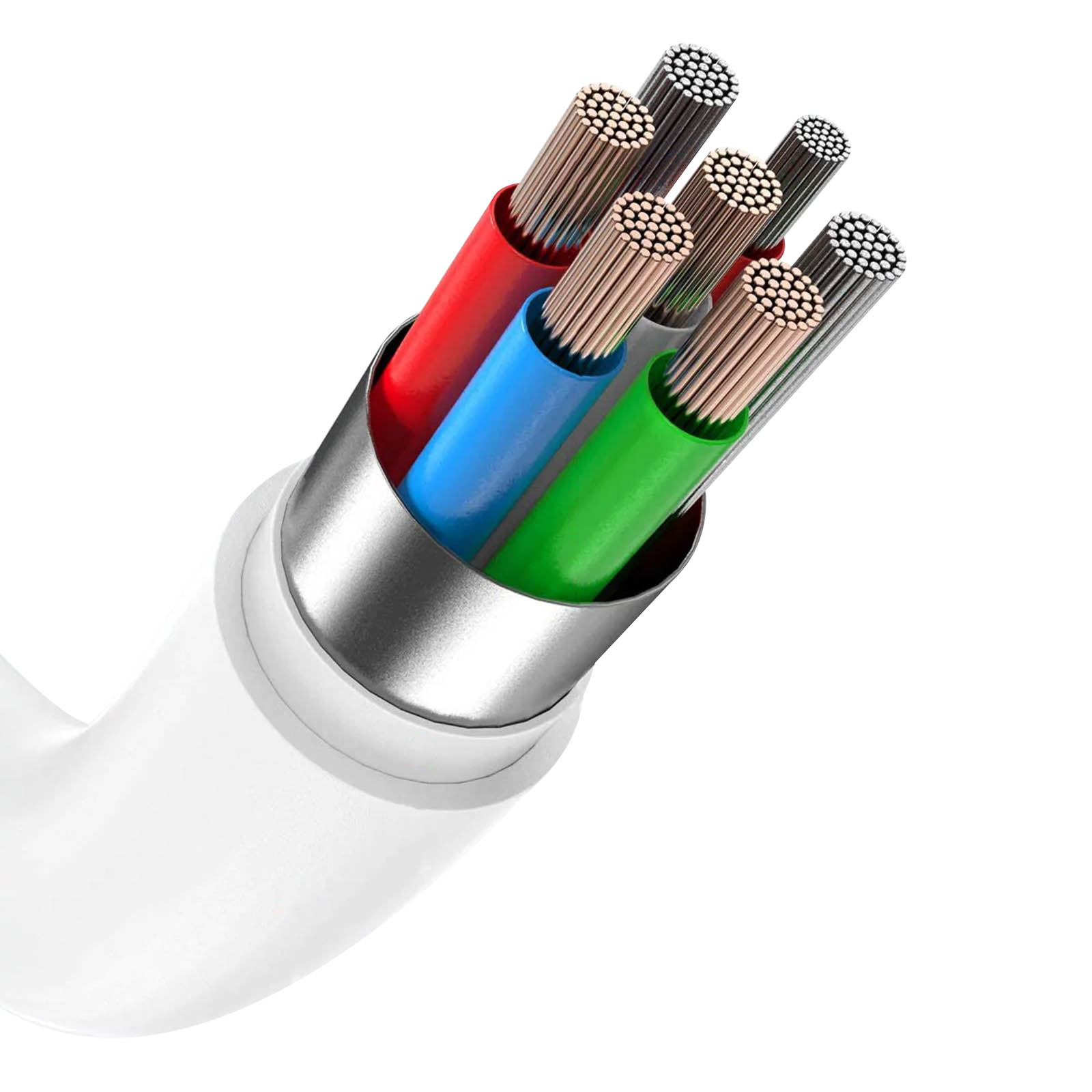 Geschnittenes Kabel mit farbigen Drähten im Inneren, weißer Kabelmantel, Nahaufnahme.