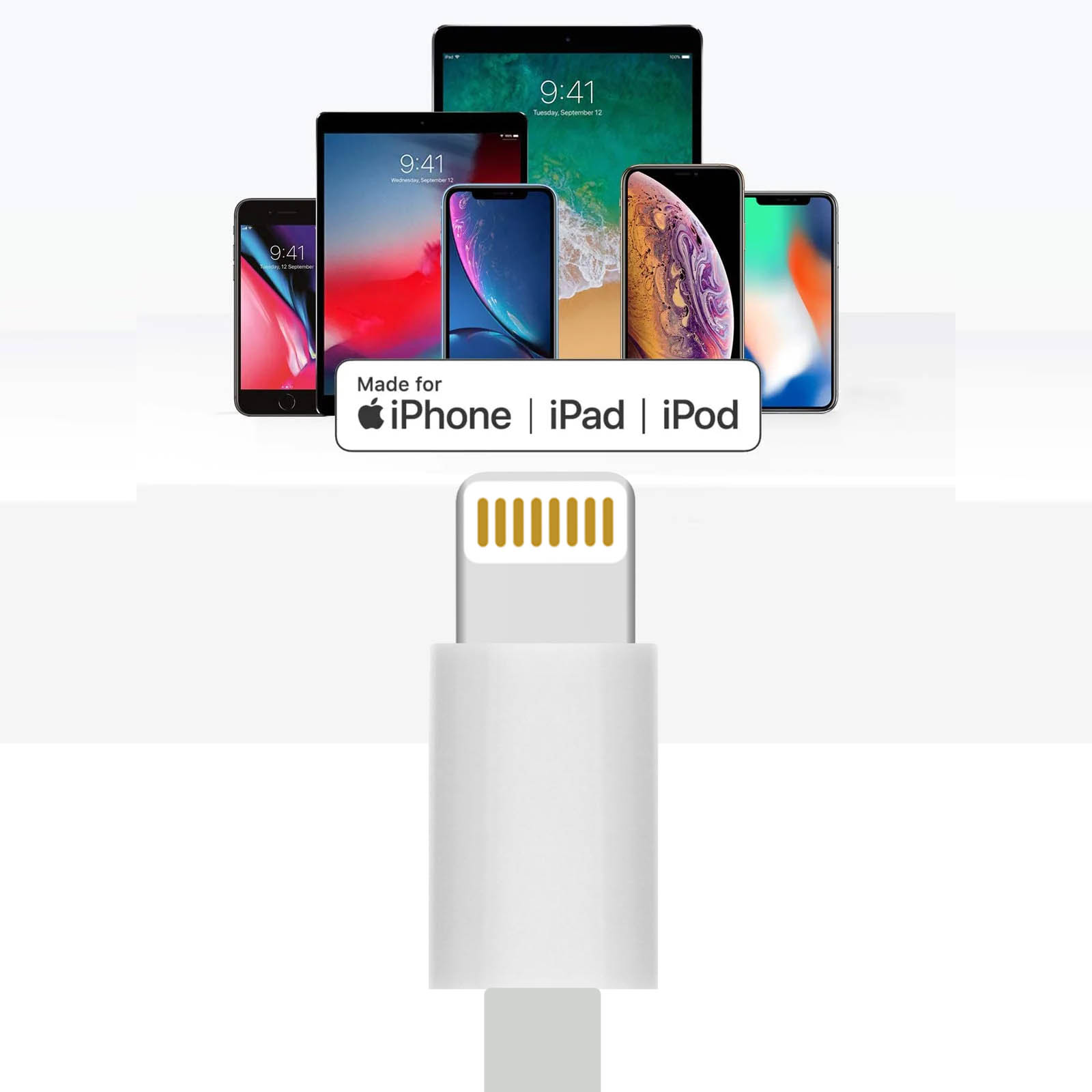 Weißes Lightning-Kabel mit Logo: Made for iPhone | iPad | iPod.