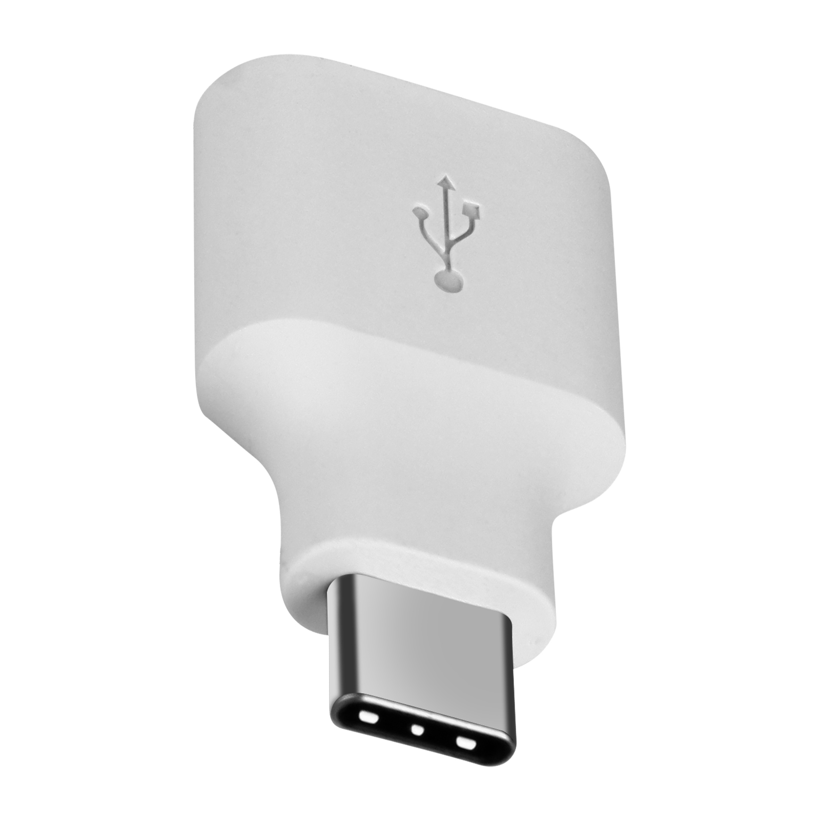 Adattatore USB-C bianco. Ha un simbolo USB sulla parte superiore.