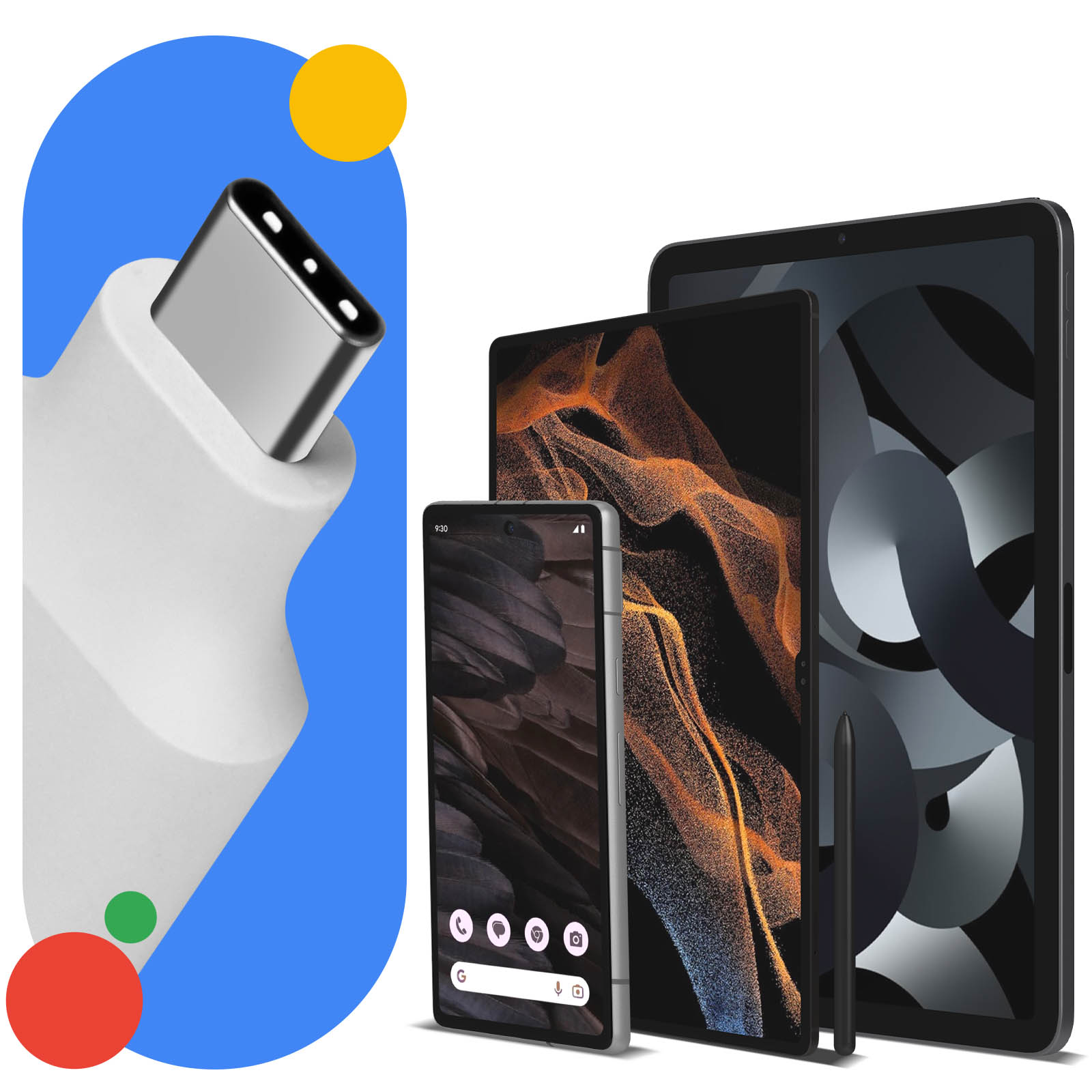 Un cavo USB-C bianco e tre dispositivi. Un telefono e due tablet davanti a uno sfondo blu e giallo.