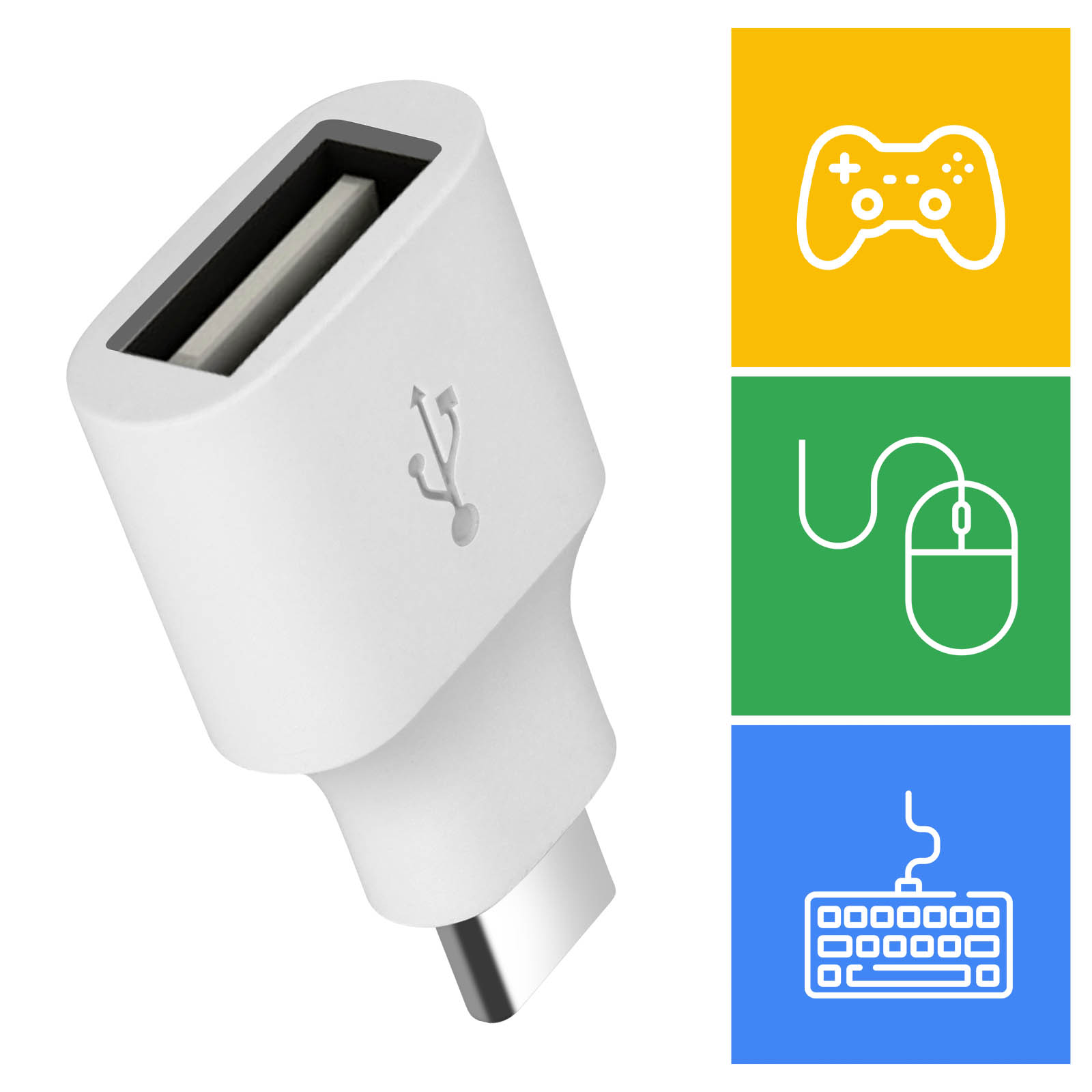 Adattatore USB bianco con porta Lightning e tre icone per gioco, mouse e tastiera.