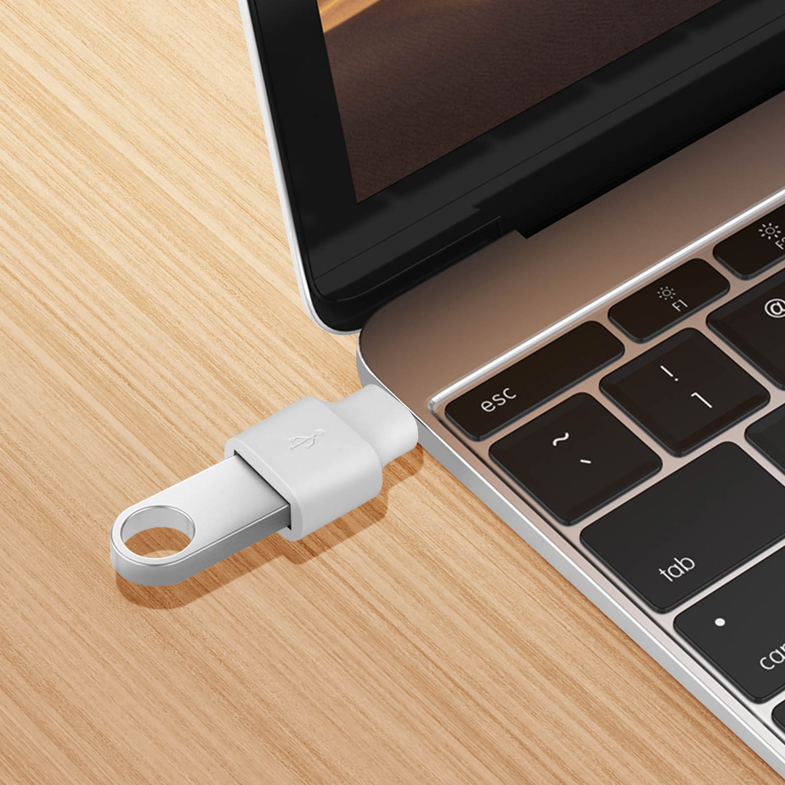Connettore USB-C collegato a un laptop. Il connettore è bianco e il laptop è argentato.