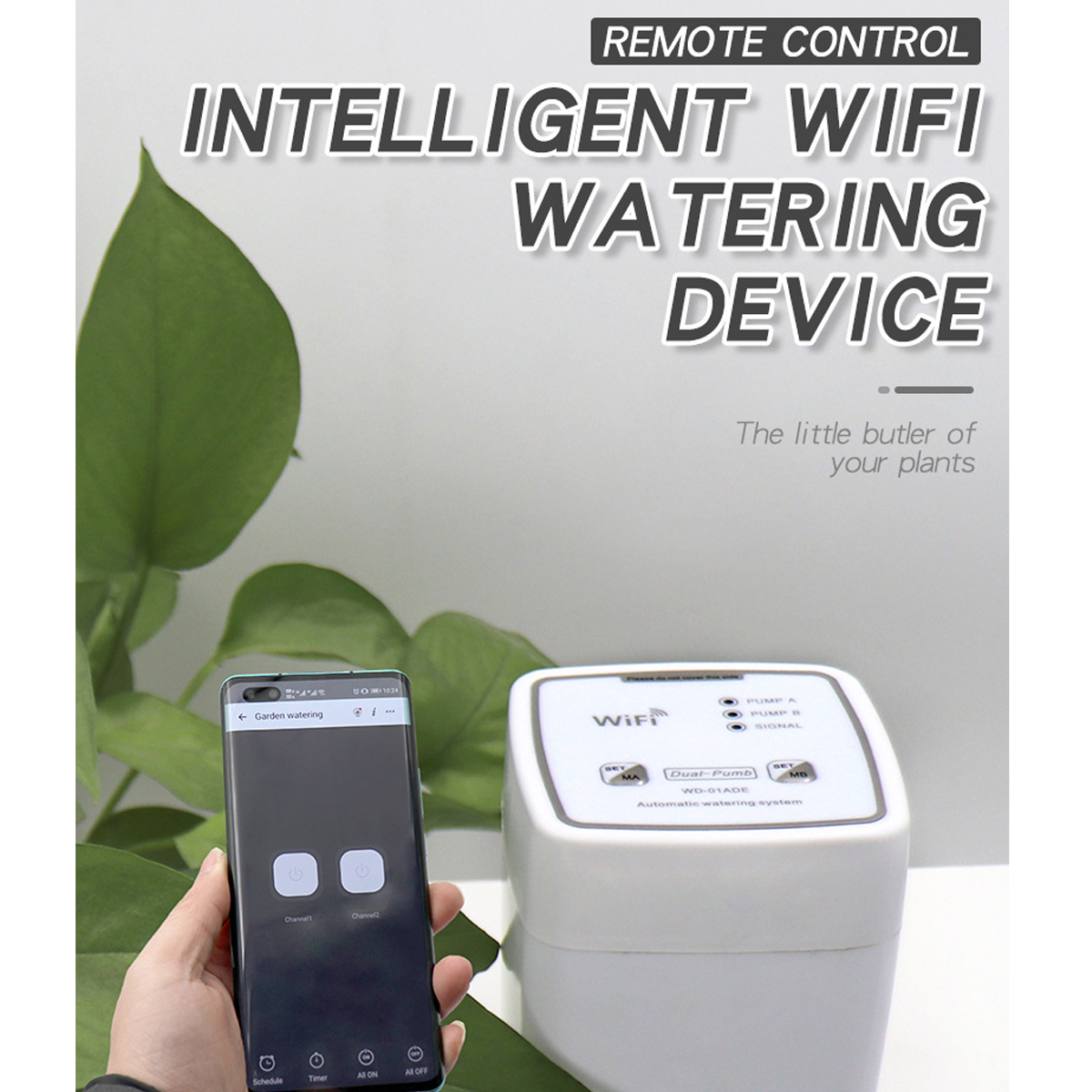 Intelligentes Bewässerungsgerät mit Telefon, App-Oberfläche und Pflanze.