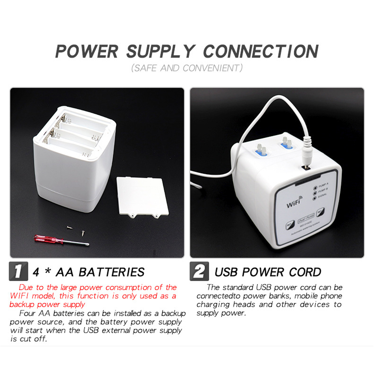 Diagramm, das die Batterie- und USB-Stromversorgung für ein Gerät zeigt. Text erklärt jede Option.