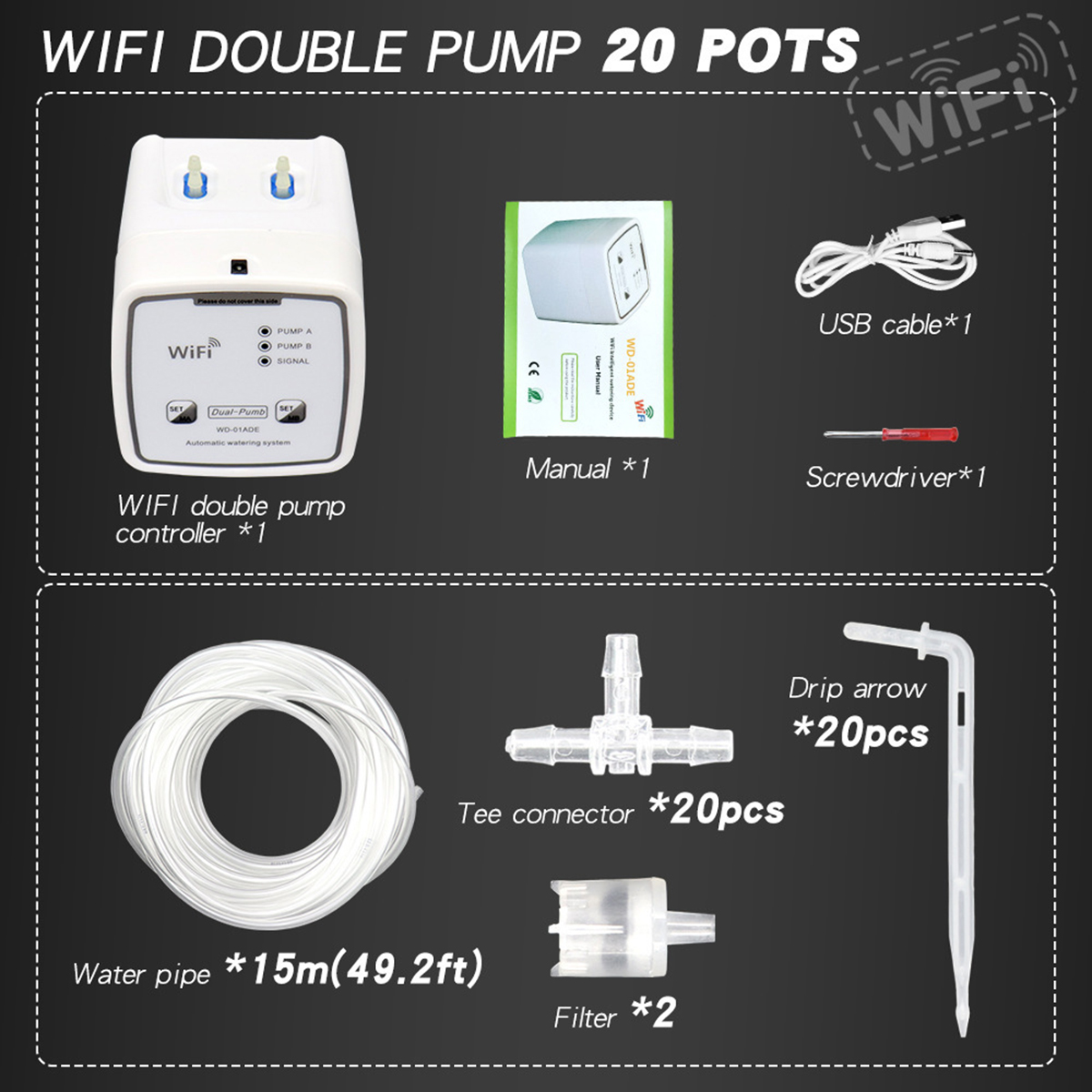 WLAN-Doppelpumpensystem-Teile: Schläuche, Verbinder, Handbuch.