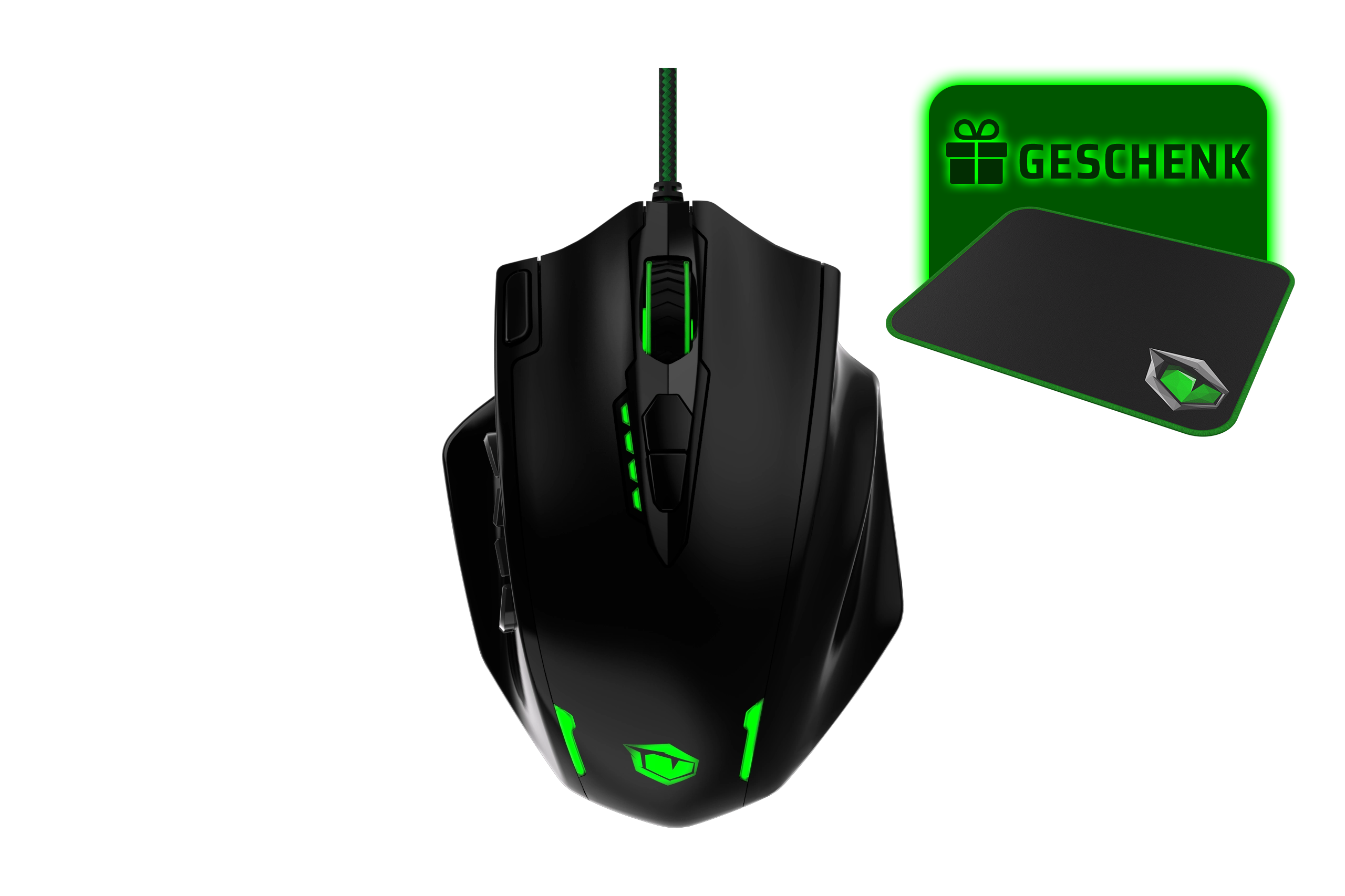 Eine schwarze Gaming-Maus, ein Mauspad mit Geschenk-Icon auf schwarzem Grund.