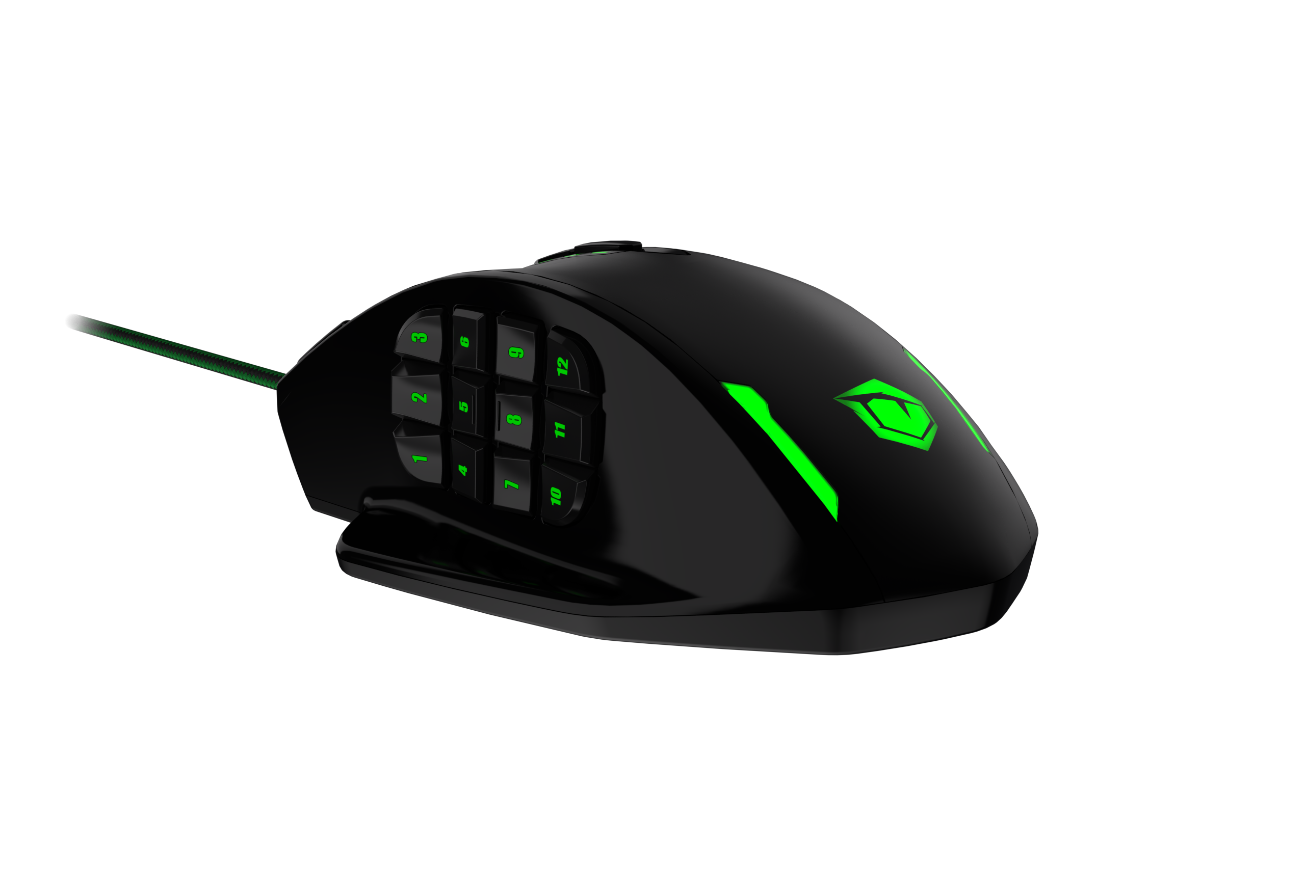 Eine schwarze Gaming-Maus mit grün beleuchteten Tasten und Akzenten. Sie hat viele Tasten an der Seite.