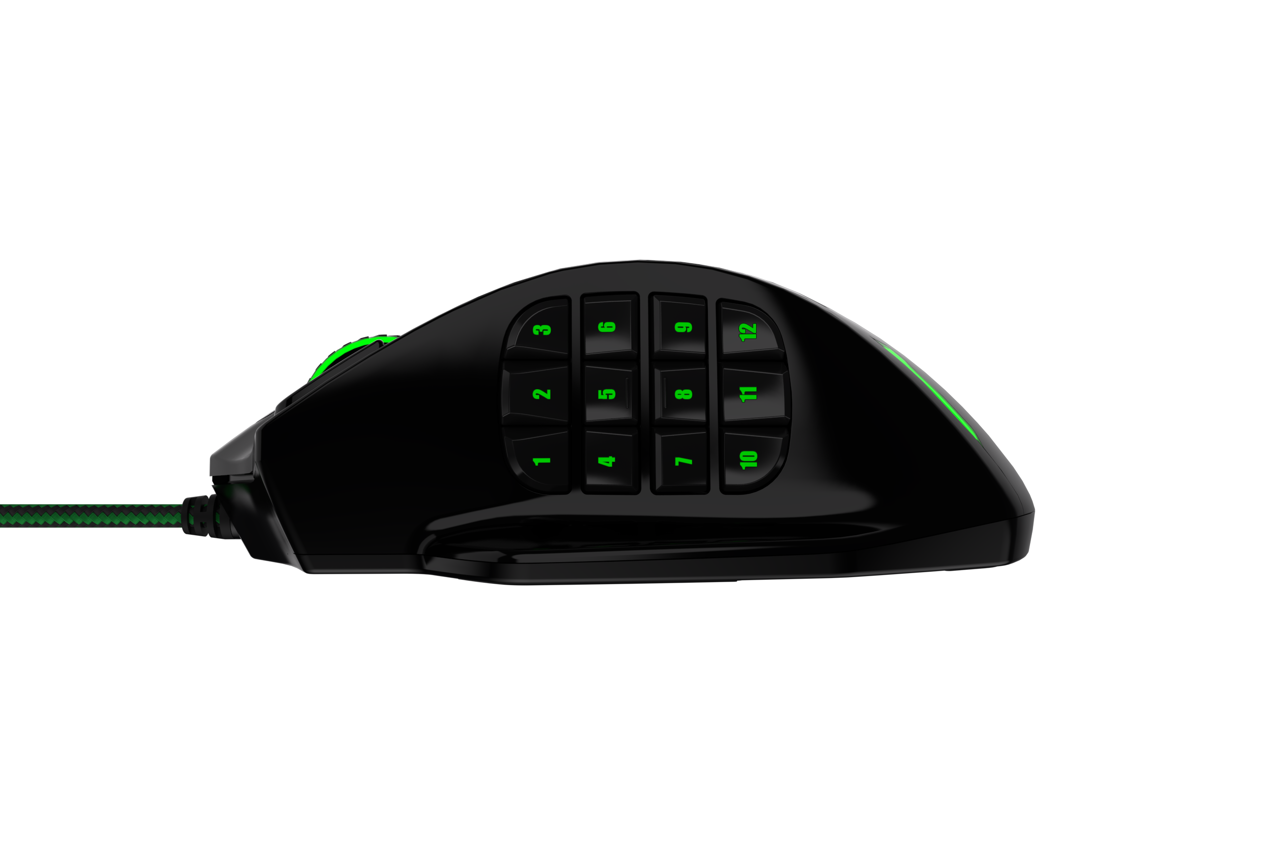 Schwarze Gaming-Maus mit mehreren Seitentasten. Grüne Akzente und ein grünes geflochtenes Kabel.