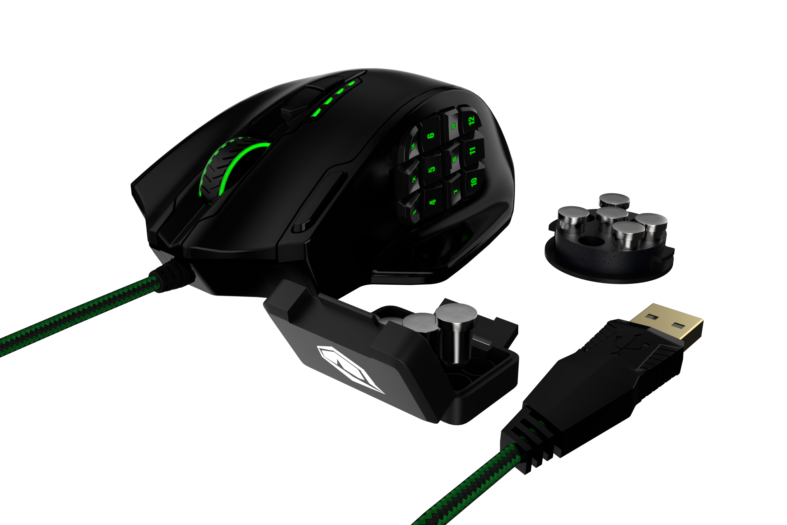 Schwarze Gaming-Maus mit zusätzlichen Tasten. Ein USB-Kabel und seine zusätzlichen Teile auf dunklem Hintergrund.
