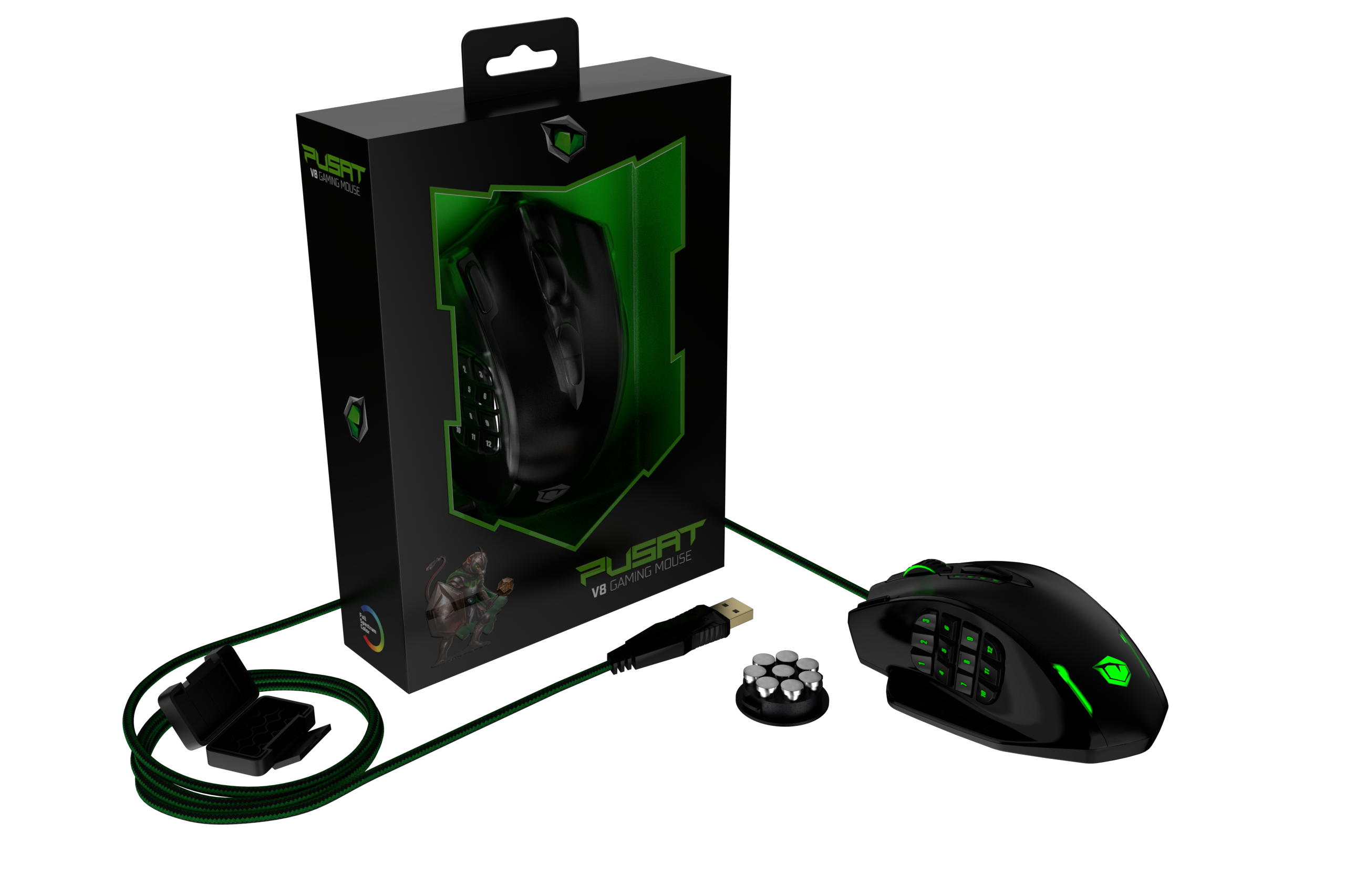 Schwarze Gaming-Maus mit grünen Akzenten, Box und Zubehör auf schwarzem Hintergrund. Die Maus leuchtet.