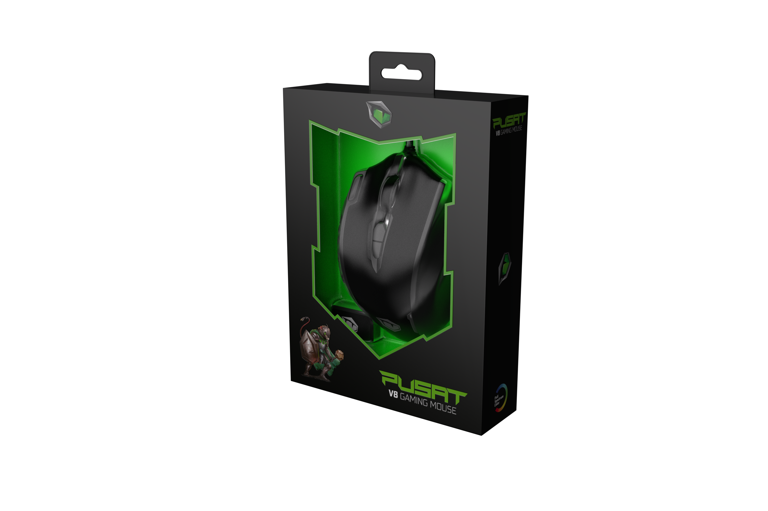 Eine schwarze Gaming-Maus in einer grün-schwarzen Box.