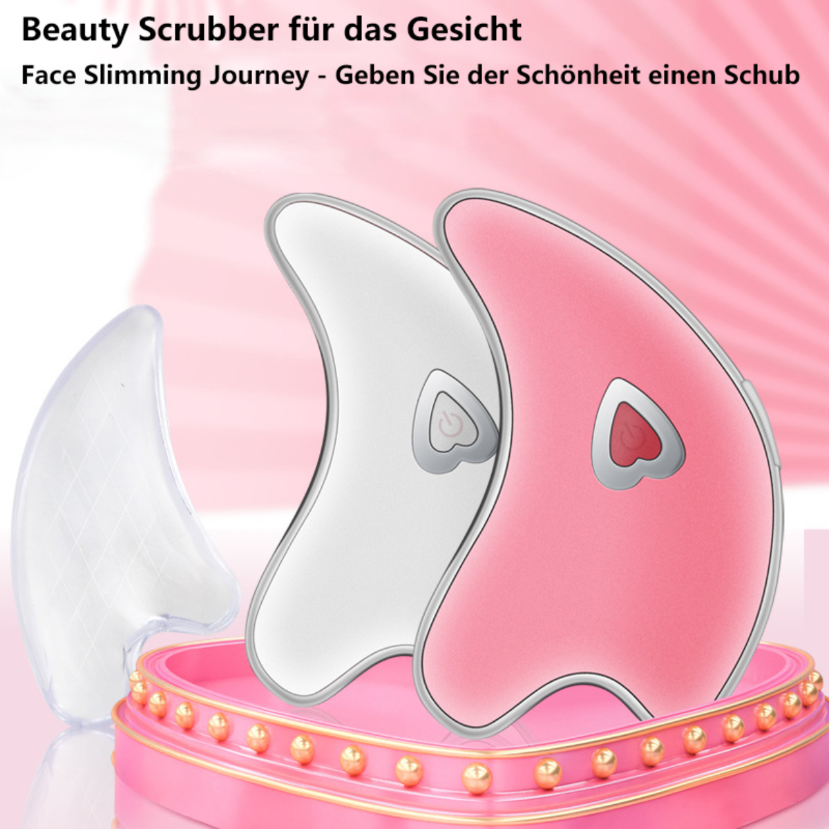Weiße und rosa Gesichtsschrubber. Die Schrubber stehen auf einem pinken Ständer. Text lautet "Face Slimming Journey".