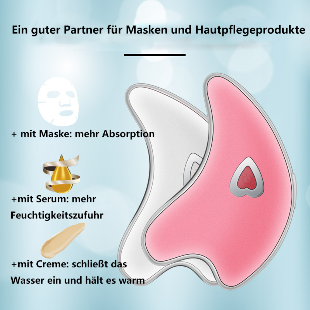 Rosa-weißes Gerät mit Gesichtsmaske, Serum und Creme.
