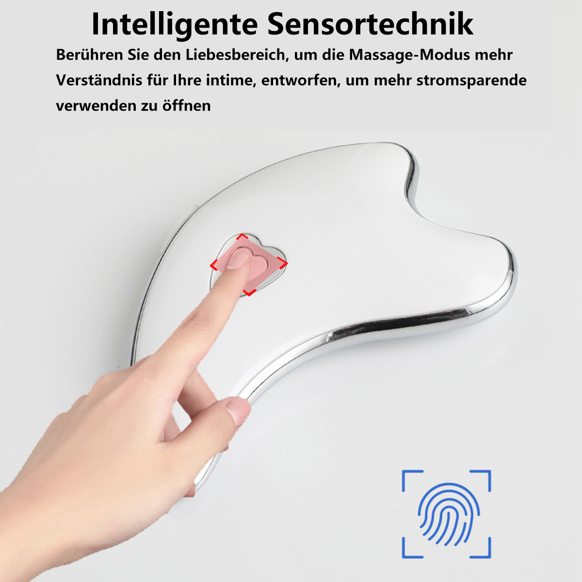 Ein weißes, herzförmiges Gerät, das von einer Hand berührt wird. Text: Intelligente Sensortechnologie.