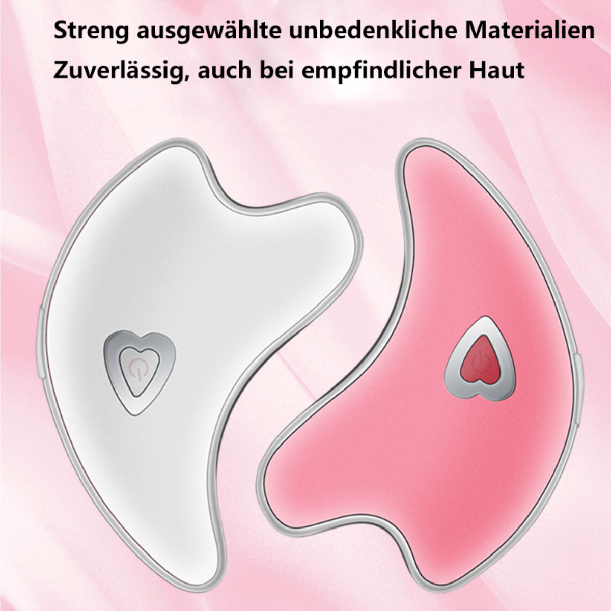 Zwei Gesichtsmassagegeräte, eines weiß und eines rosa, mit herzförmigen Ein-Aus-Tasten werden gezeigt.